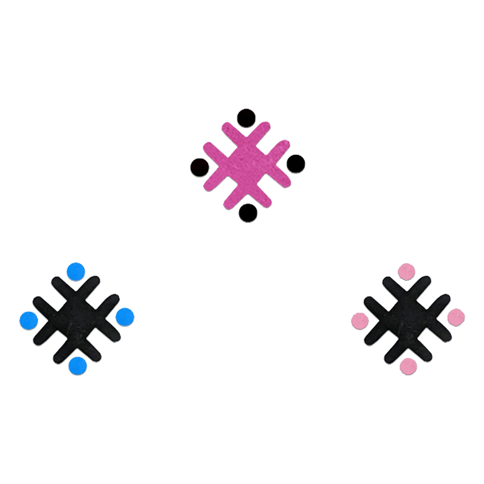Comet Busters Abstract Fusion Snowflake Designer Bindis featuring a modern geometric snowflake-inspired motif accented with coordinating dots in pink, blue, and black color combinations. Reusable designer bindis for women and girls, perfect for festive occasions, cultural events, contemporary ethnic wear, fusion fashion, dance performances, and Indo-western styling.