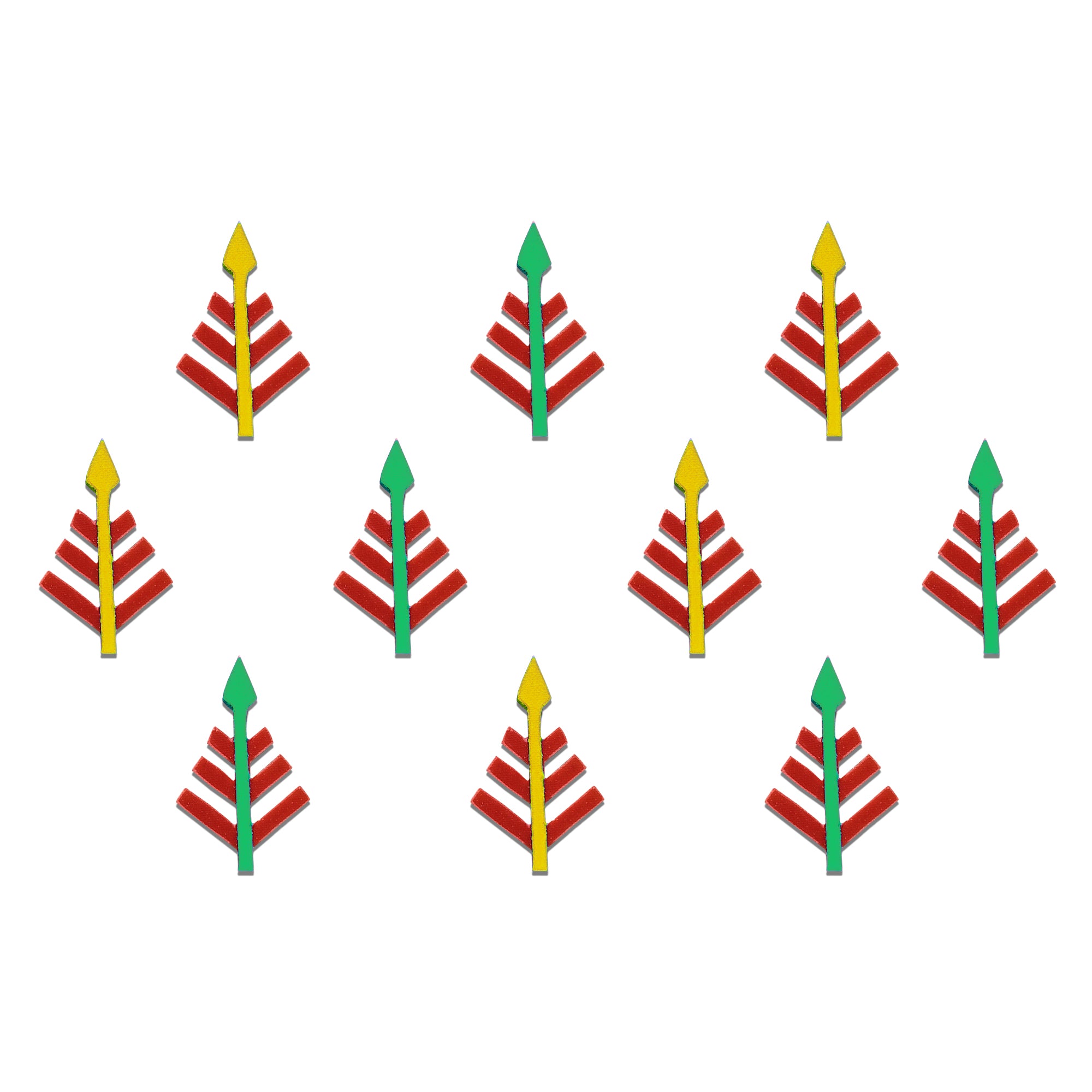Comet Busters multicolor arrow feather designer bindi set featuring yellow and green arrow-shaped bindis with red feather detailing, reusable skin-friendly forehead stickers for women and girls.