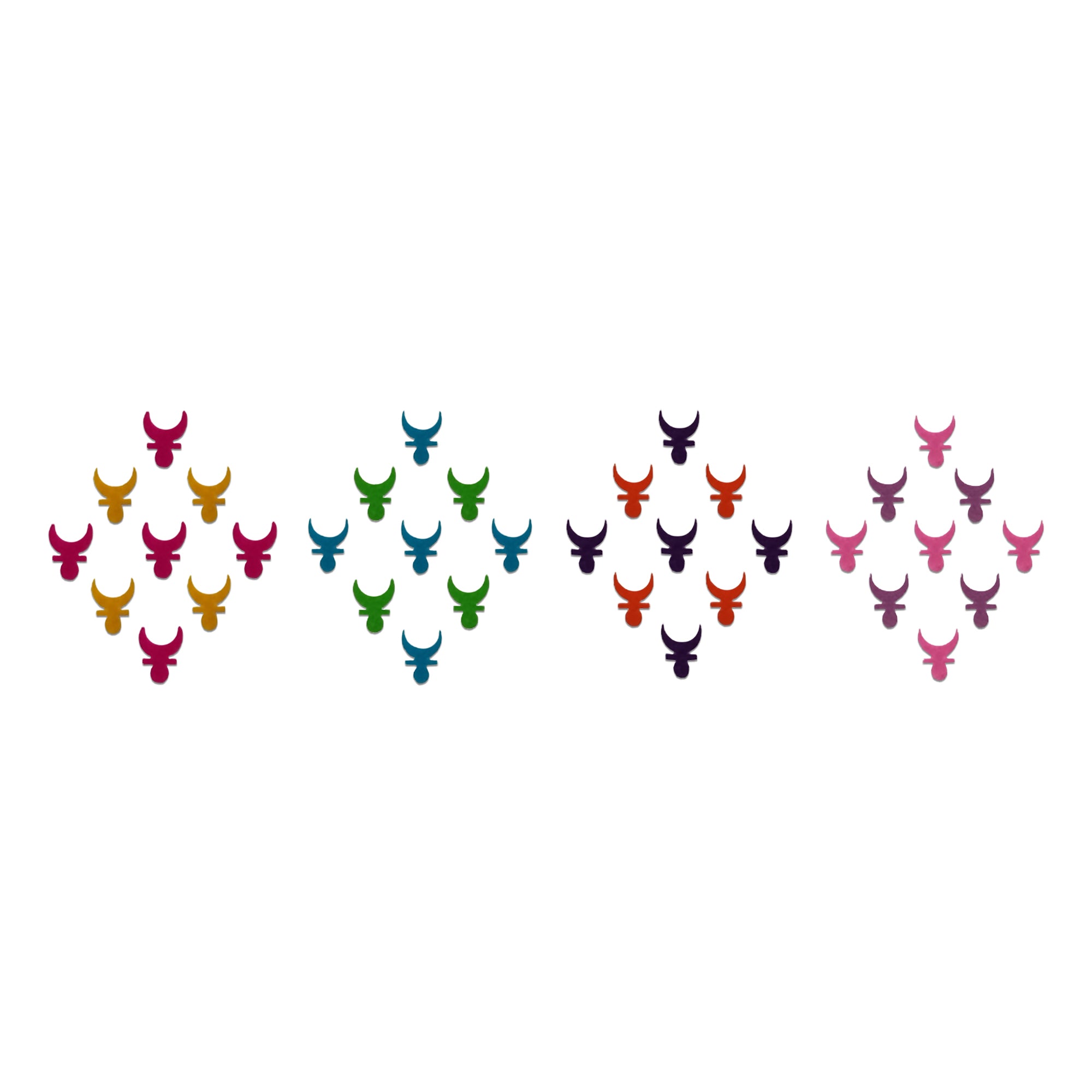 Comet Busters multicolor Bengali crescent moon bindis in pink, mustard, blue, green, purple, orange, and lavender shades designed for traditional festive and ethnic forehead decoration.