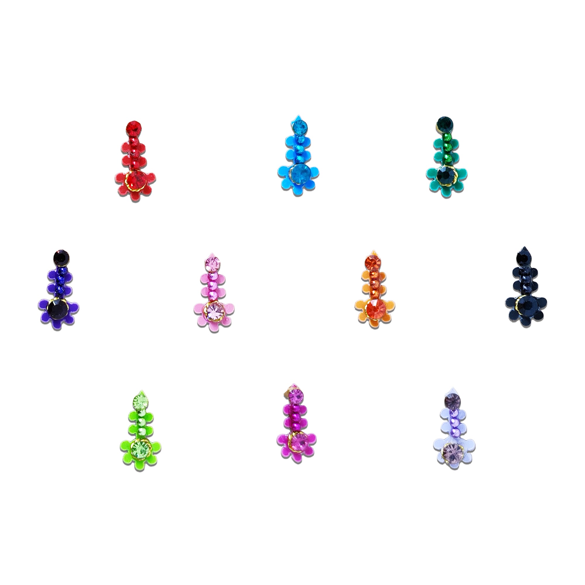 Comet Busters Floral Crystal Drop Designer Stone Bindi featuring multicolor self-adhesive bindis with sparkling crystal stones and delicate floral petal accents. Premium forehead bindis in red, blue, green, purple, pink, orange, black, neon green, magenta, and lavender shades, perfect for women and girls for weddings, festivals, Navratri, Diwali, parties, dance performances, and ethnic or fusion fashion.