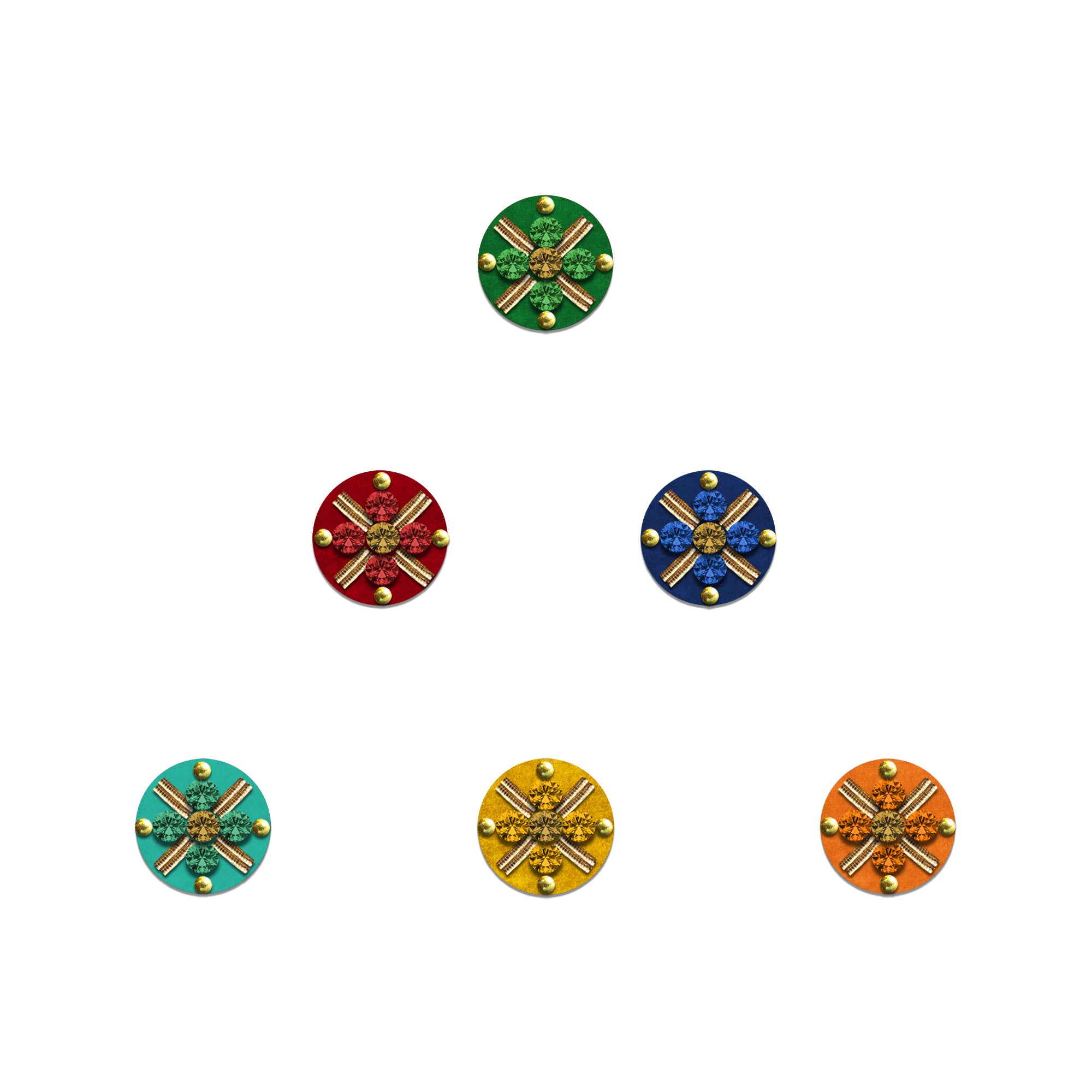 Collection of 9mm round velvet bindis pattern, center crystal stone, golden bead accents