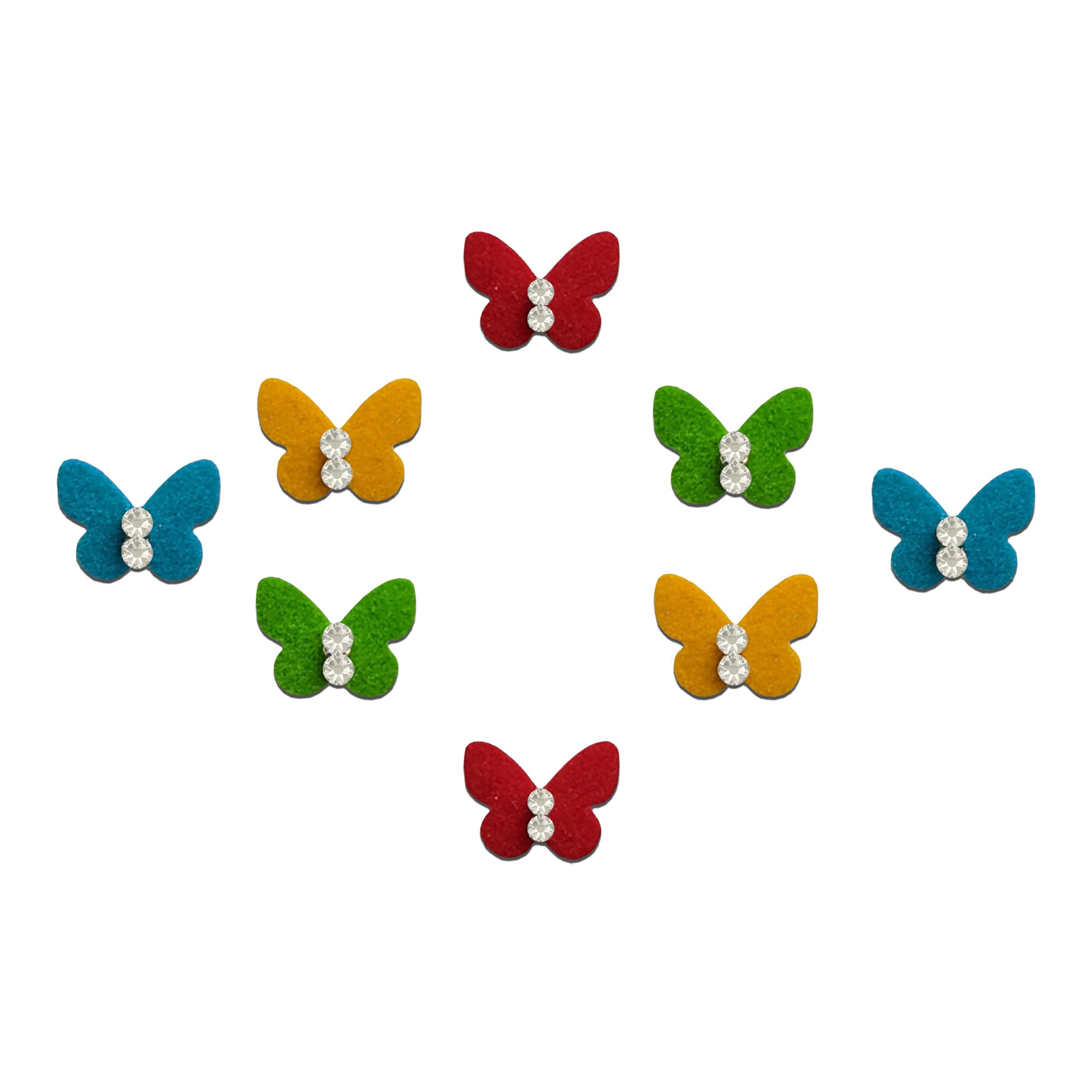 Comet Busters multicolor butterfly-shaped velvet bindis featuring sparkling crystal stone detailing in vibrant shades for trendy, festive, and ethnic fashion looks for women and girls.