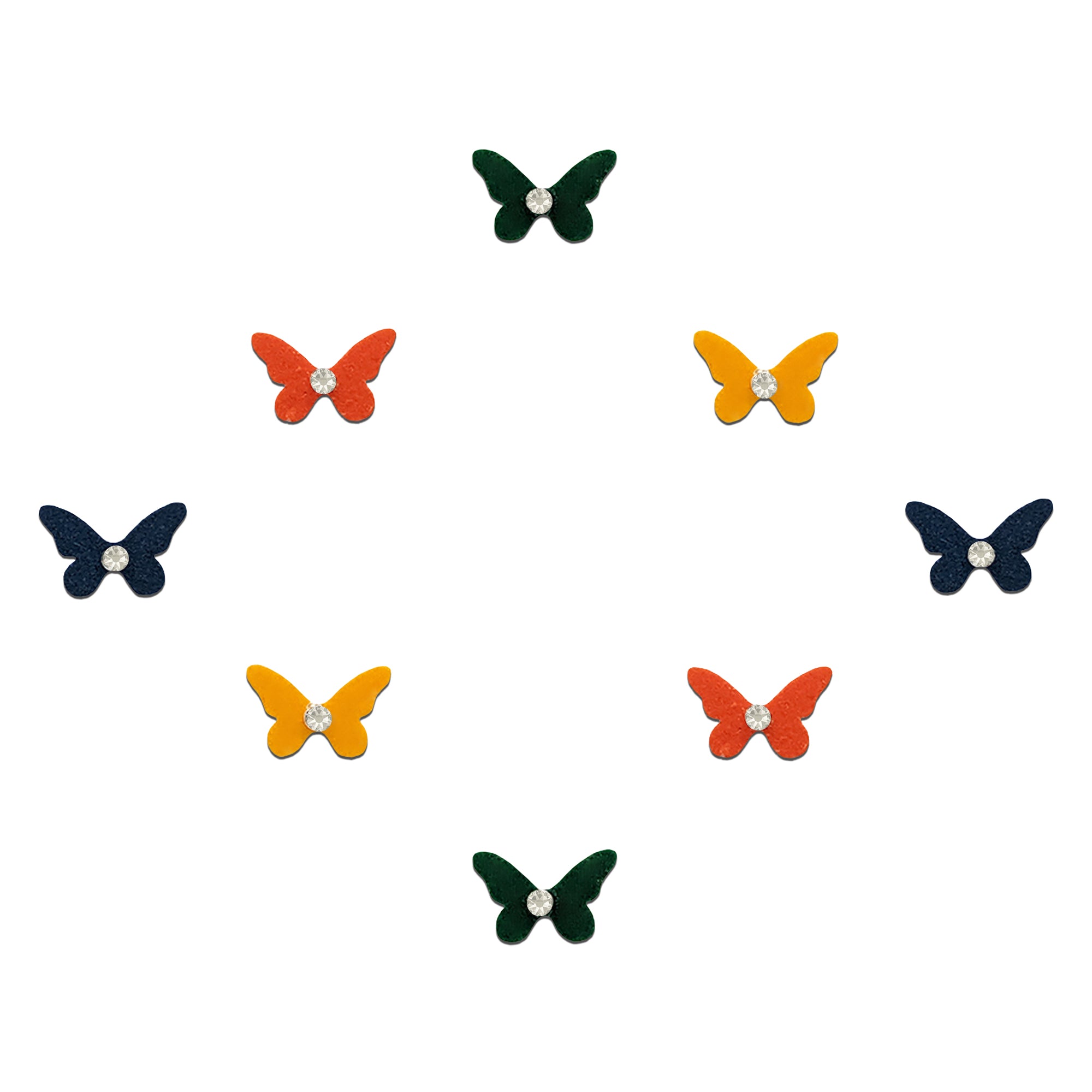 Comet Busters multicolor butterfly-shaped velvet bindis featuring crystal stone centers in vibrant green, yellow, orange, and navy blue shades for trendy, festive, and ethnic fashion looks for women and girls.