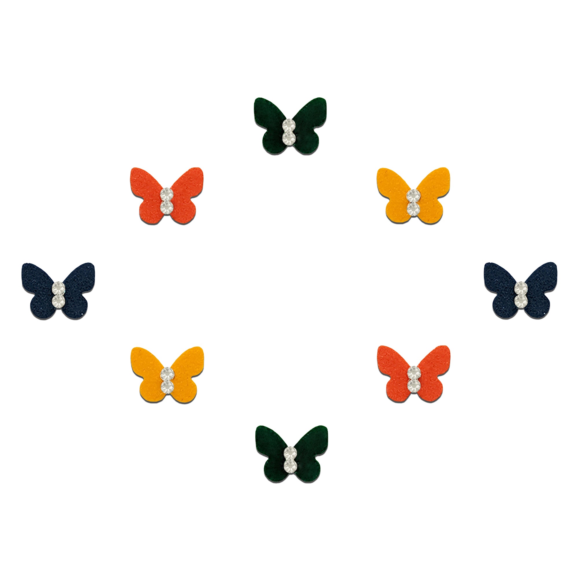 Comet Busters multicolor butterfly velvet bindis with crystal stone center.