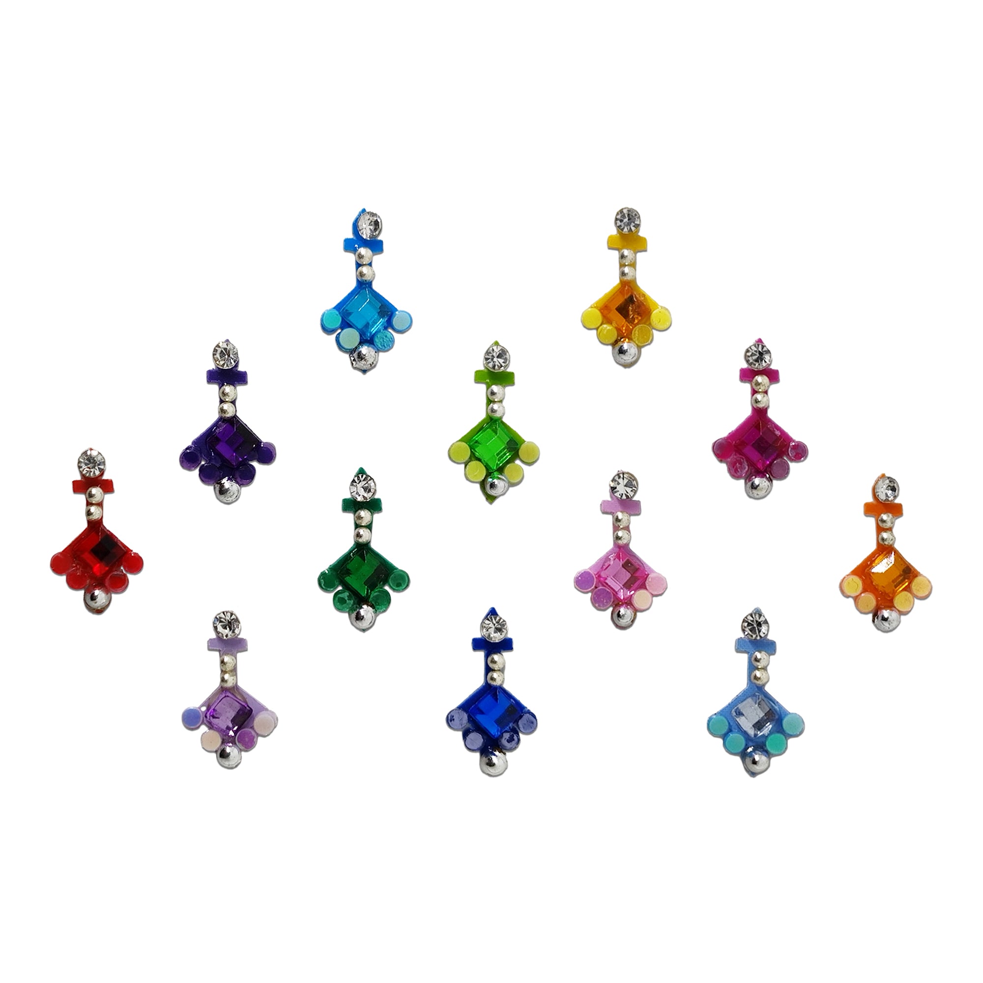 Comet Busters multicolor chandbali-inspired designer bindis featuring square-cut crystal stones, pearl accents, and traditional festive motifs for ethnic wear.