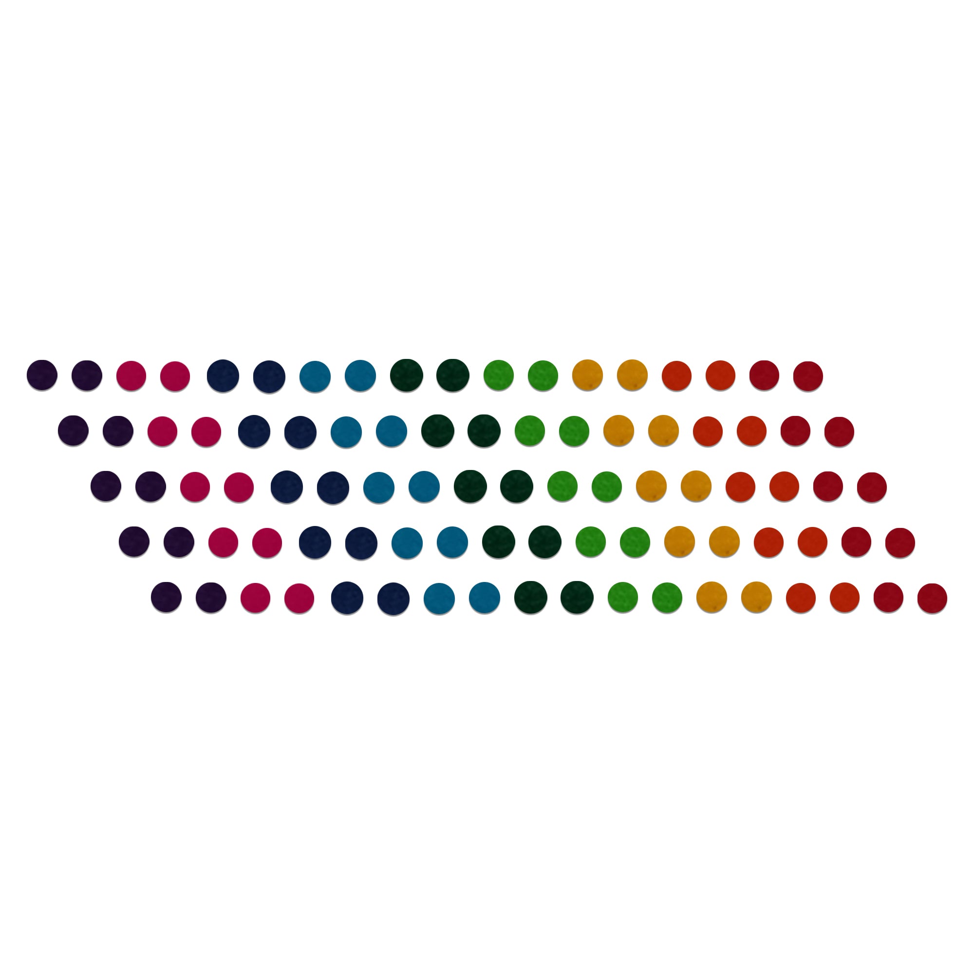 Comet Busters multicolor velvet round bindis in purple, pink, blue, green, yellow, orange, and red shades arranged in multiple rows for traditional and daily wear styling.