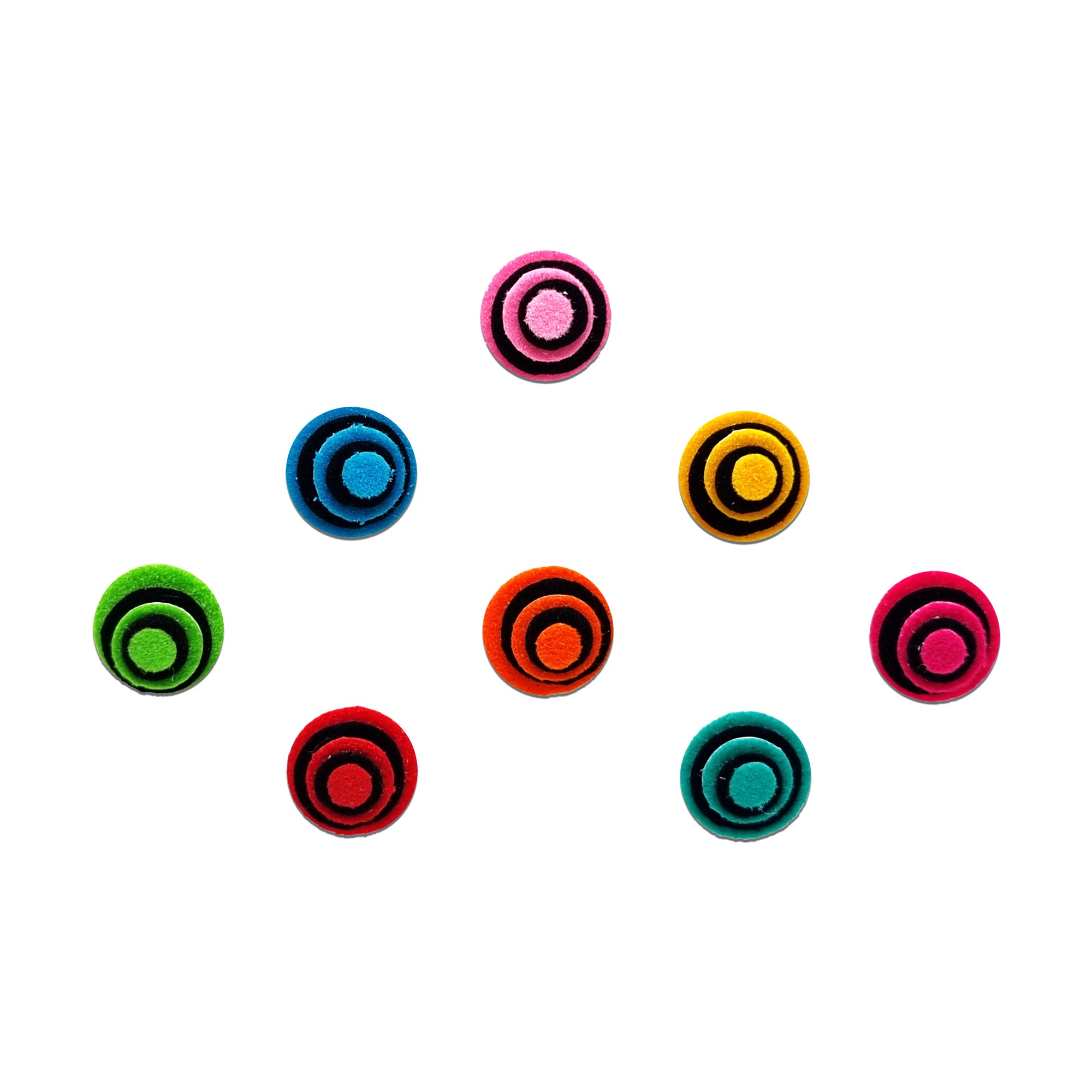 Comet Busters pink velvet concentric circle bindi, designer round forehead sticker for women, colorful ethnic bindi for festivals, weddings, Navratri, Bharatanatyam, classical dance, and traditional Indian attire.