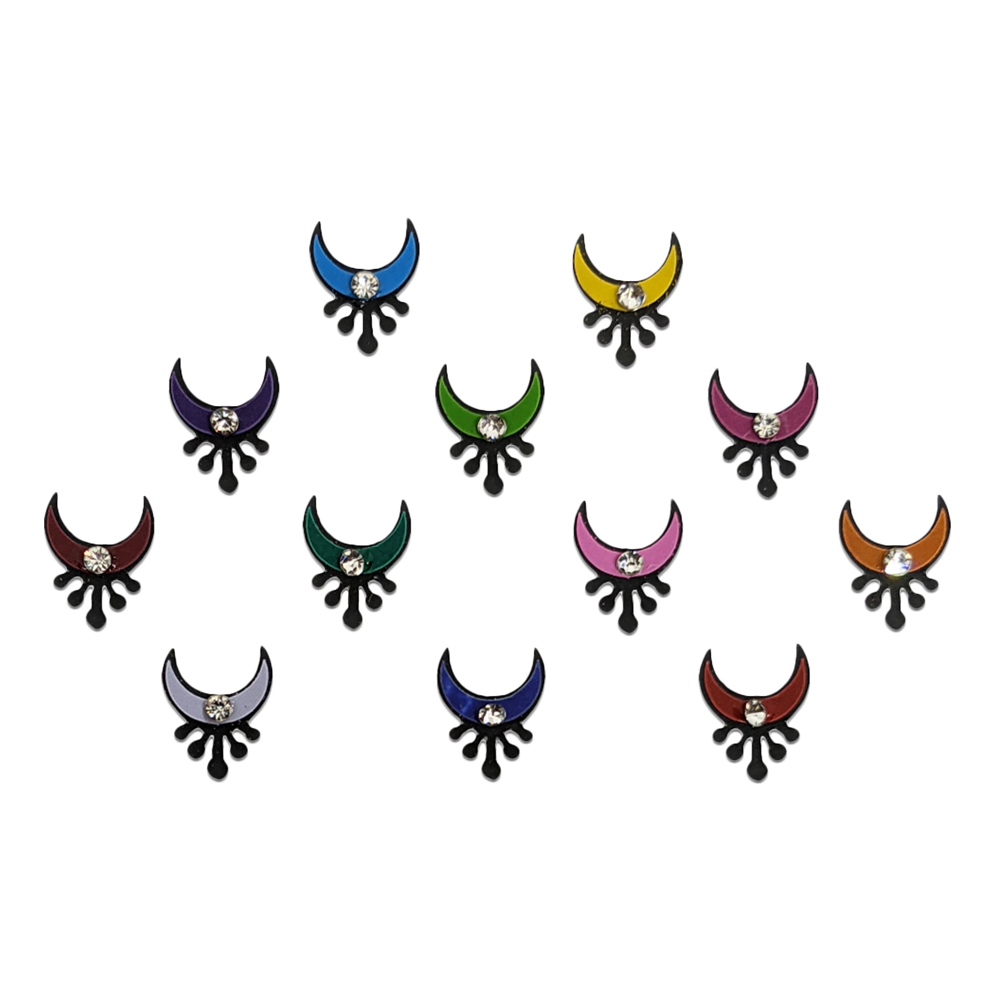 Comet Busters premium multicolor crescent drop designer bindis with crystal stone detailing, stylish peel and stick fancy bindis for saree, lehenga, bridal, festive and traditional ethnic fashion looks