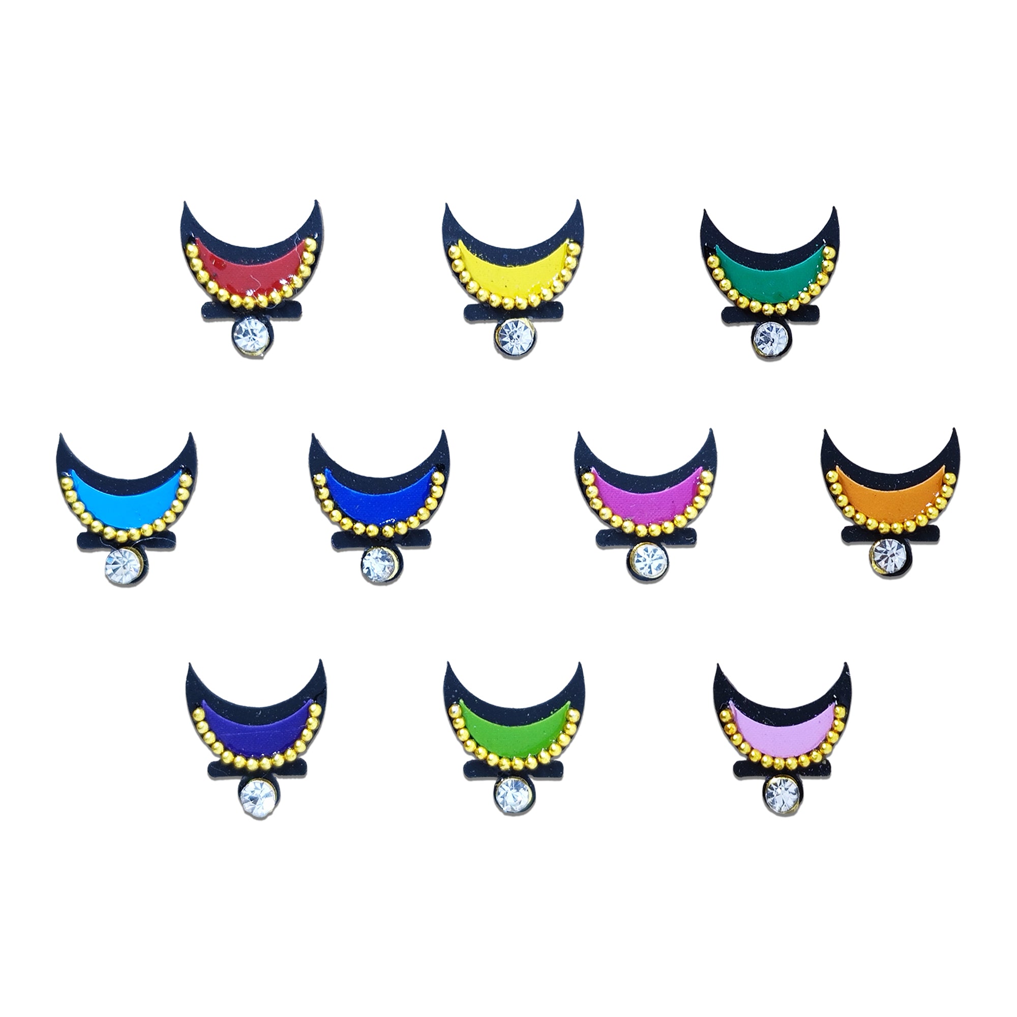 Comet Busters colorful crescent moon bindis featuring gold bead embellishments and sparkling crystal drops in red, yellow, green, blue, pink, orange and purple shades, ideal for weddings, festivals, cultural events and party wear.