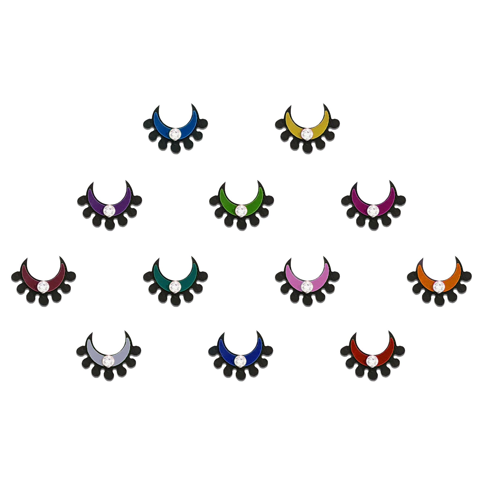 Comet Busters multicolor crescent moon designer bindi with crystal stone center and black decorative detailing for women.
