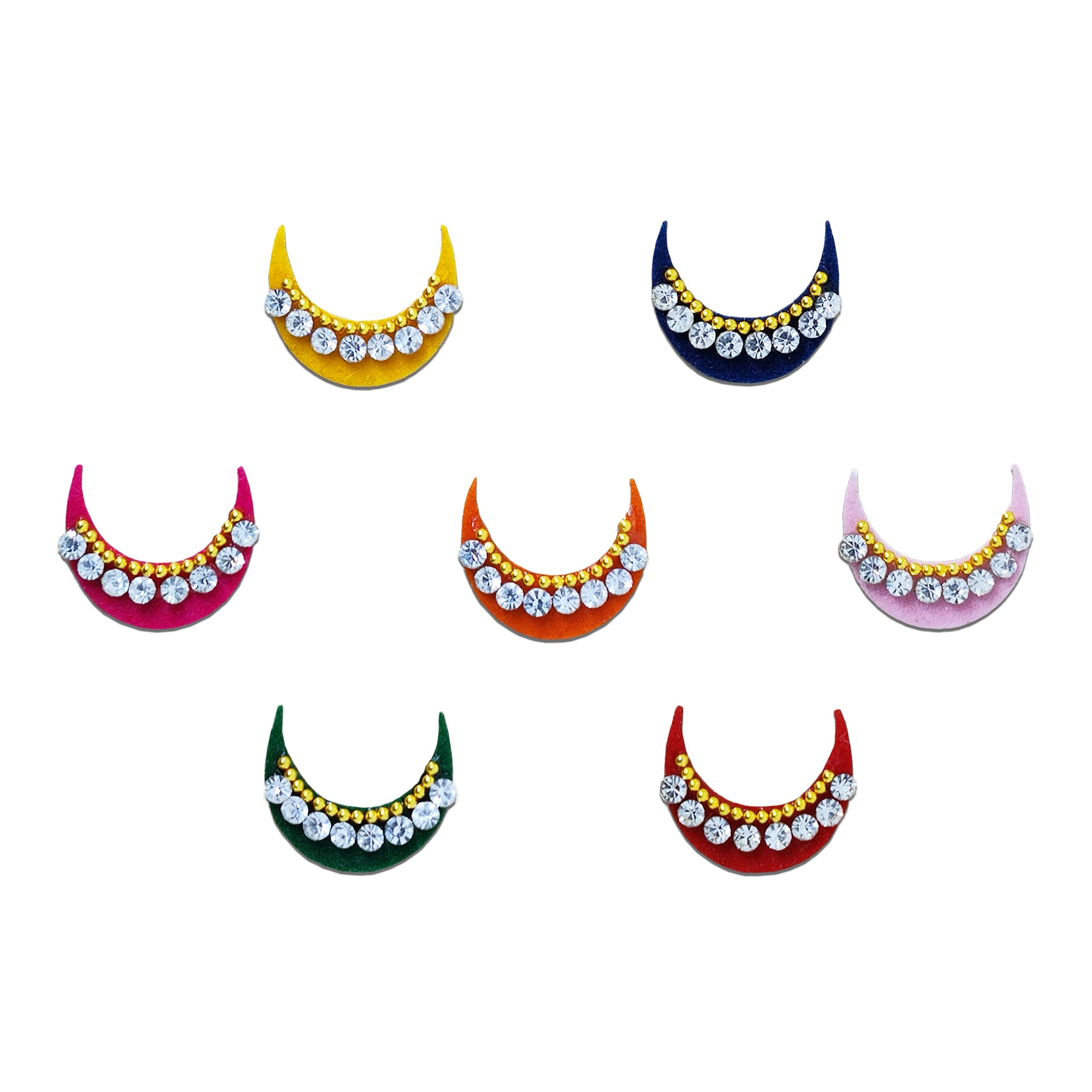 Comet Busters multicolor crescent moon designer bindi set featuring yellow, navy blue, pink, orange, light pink, green, and red velvet bindis adorned with sparkling crystal stones and gold bead chain detailing. Premium self-adhesive bindis for women and girls, perfect for weddings, festivals, Navratri, Diwali, parties, ethnic wear, and everyday traditional styling.