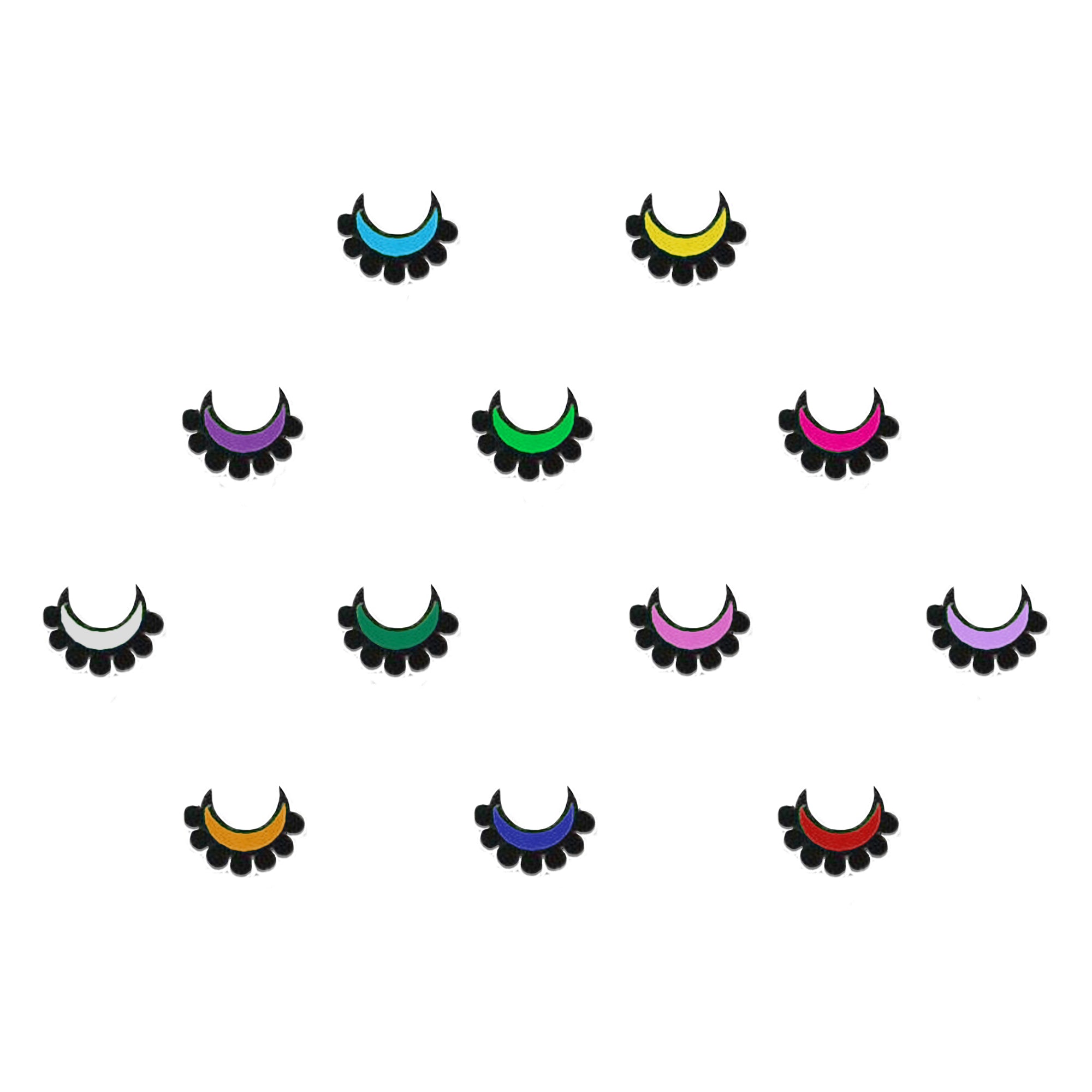 Comet Busters multicolor crescent moon designer velvet bindi sheet featuring 12 colorful half-moon bindis with black scalloped border in blue, yellow, green, pink, purple, lavender, white, teal, mustard, royal blue, and red for traditional and festive wear.