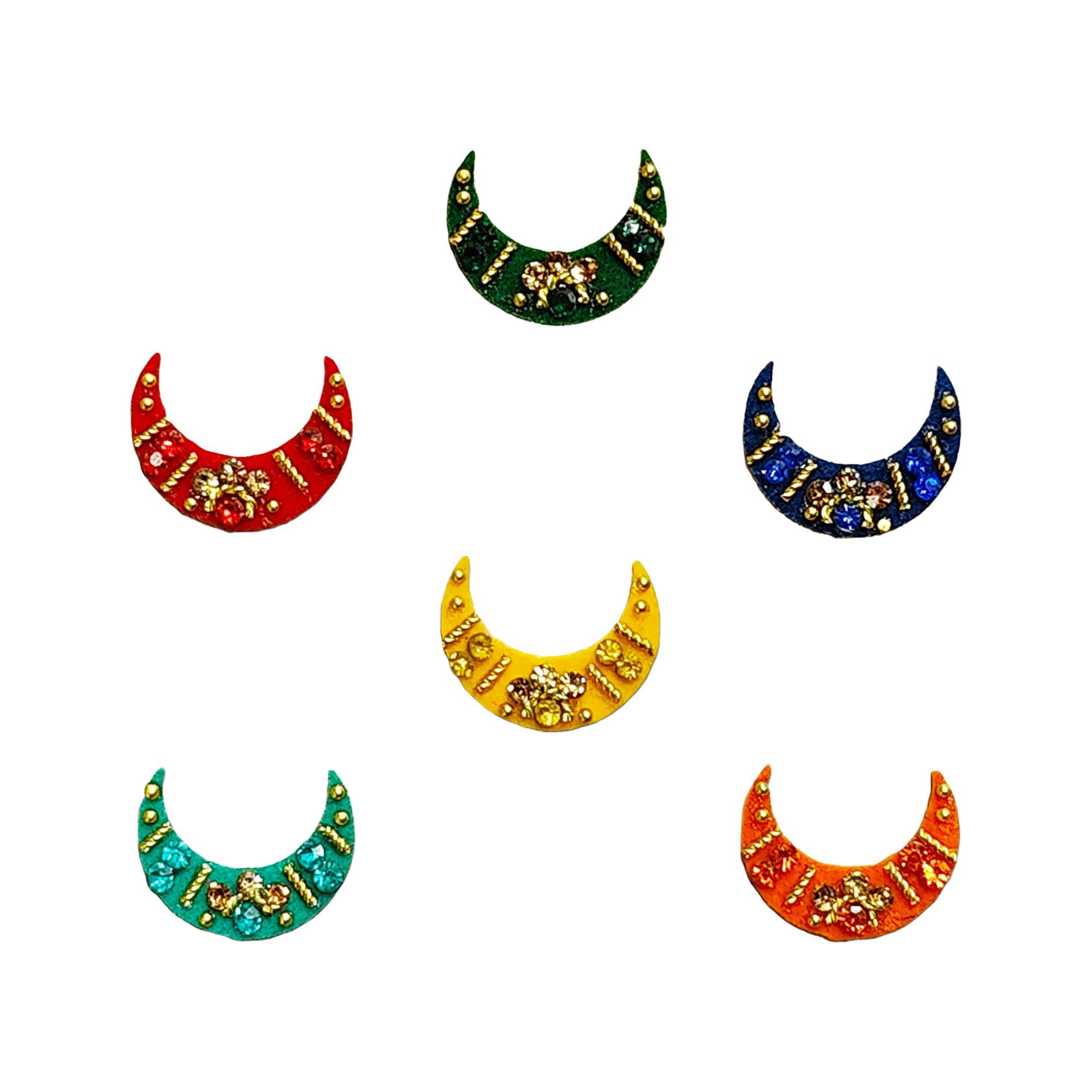 multicolor crescent moon shaped fabric bindis featuring sparkling stones