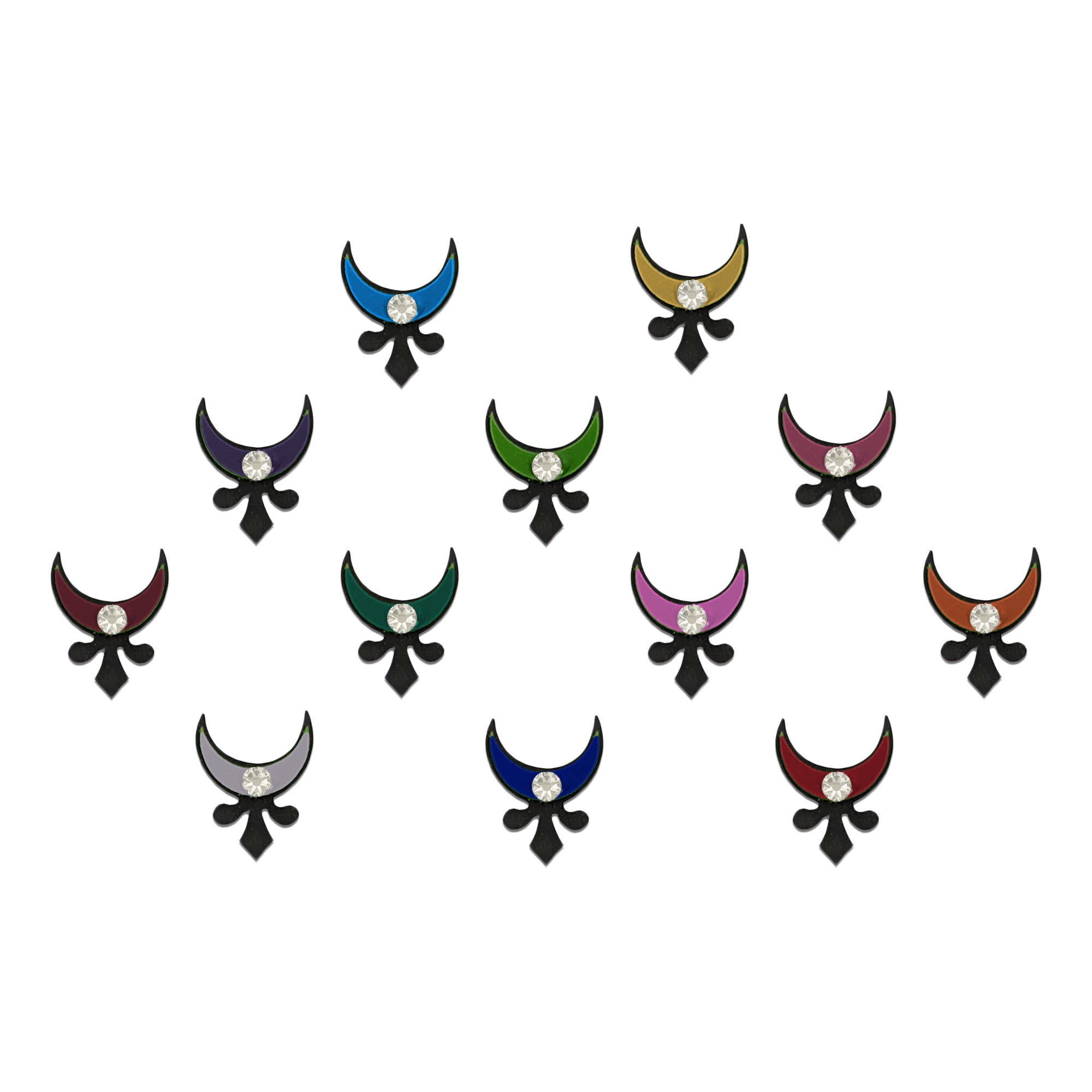 Comet Busters premium multicolor crescent designer bindis with crystal stone detailing, vibrant peel and stick fancy bindis for saree, lehenga, bridal, festive and traditional ethnic fashion looks.