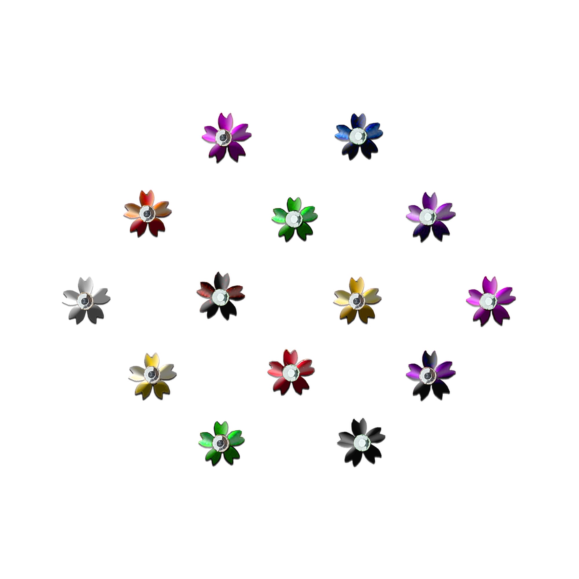 Multicolor floral designer bindi with petal-shaped detailing and sparkling crystal stone center, elegant stick-on forehead accessory for festive and ethnic wear.