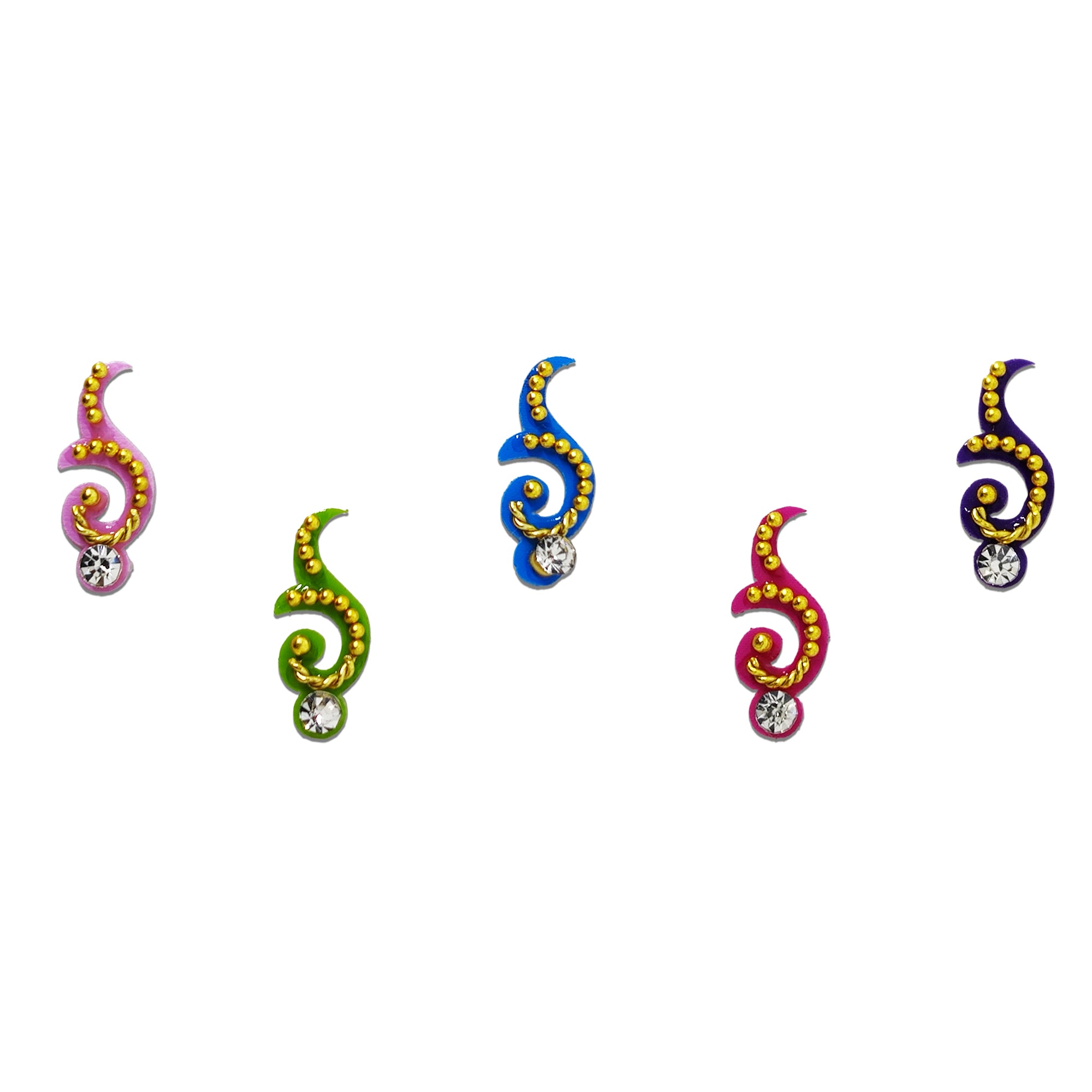 Comet Busters colorful paisley designer bindis featuring gold bead embellishments, crystal stone drops, and vibrant pink, green, blue, purple shades, ideal for weddings, festivals, parties, and traditional ethnic outfits.