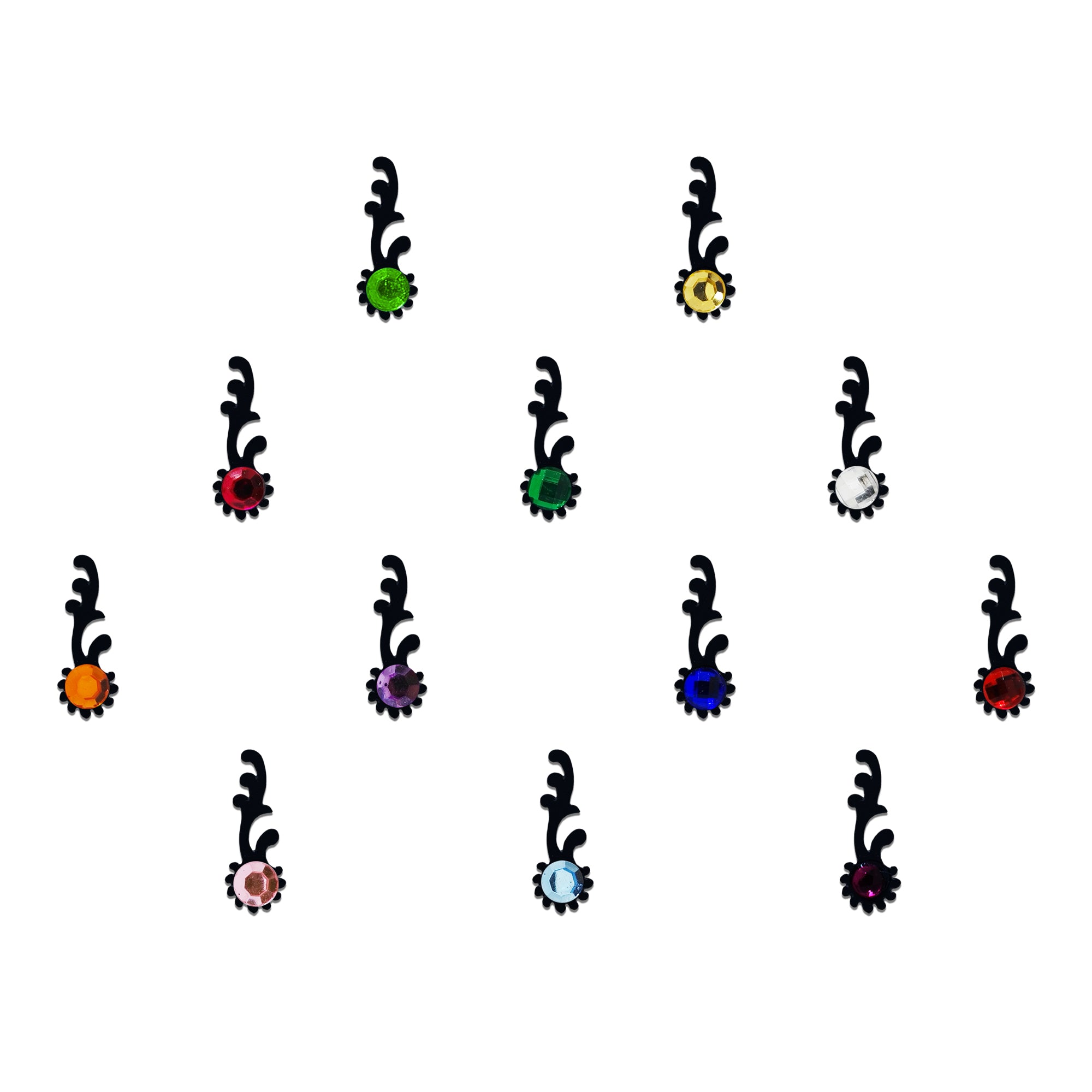 Comet Busters Paisley Vine Crystal Designer Bindi featuring a graceful black paisley-inspired vine motif with a sparkling round crystal accent at the base. Available in multicolor gemstone shades including green, gold, red, emerald, white, orange, lavender, royal blue, ruby, pink, sky blue, and purple. Self-adhesive designer bindi for women and girls, perfect for weddings, festive celebrations, Navratri, Diwali, parties, traditional ceremonies, and ethnic wear.