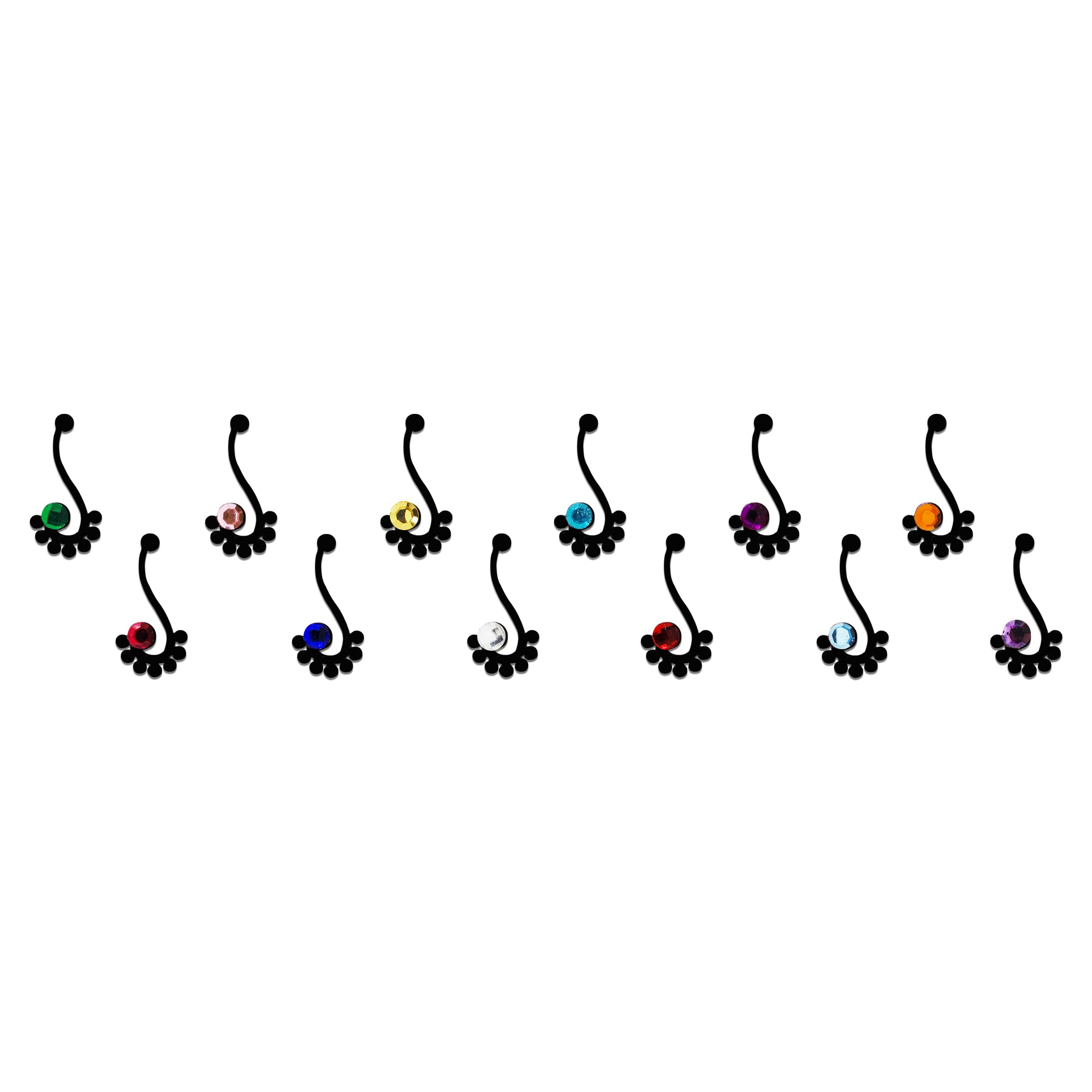 Comet Busters multicolor crystal paisley designer bindi featuring an elegant black curved paisley-inspired design with a round rhinestone centerpiece in green, pink, yellow, turquoise, purple, orange, red, royal blue, white, sky blue, and lavender. Self-adhesive fancy ethnic bindi perfect for weddings, festivals, Navratri, Diwali, traditional wear, cultural celebrations, parties, and everyday styling.