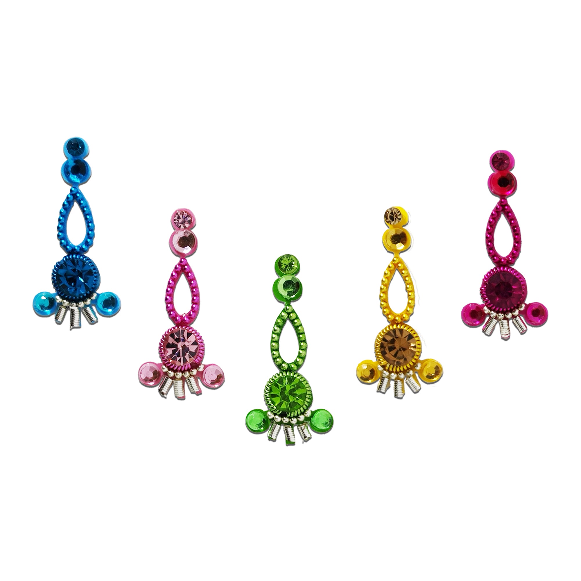 Comet Busters Multicolor Crystal Drop Designer Bindis for Women and Girls, Assorted Blue Pink Green Yellow and Magenta Fancy Stone Bindis, Traditional Party Wear Forehead Stickers
