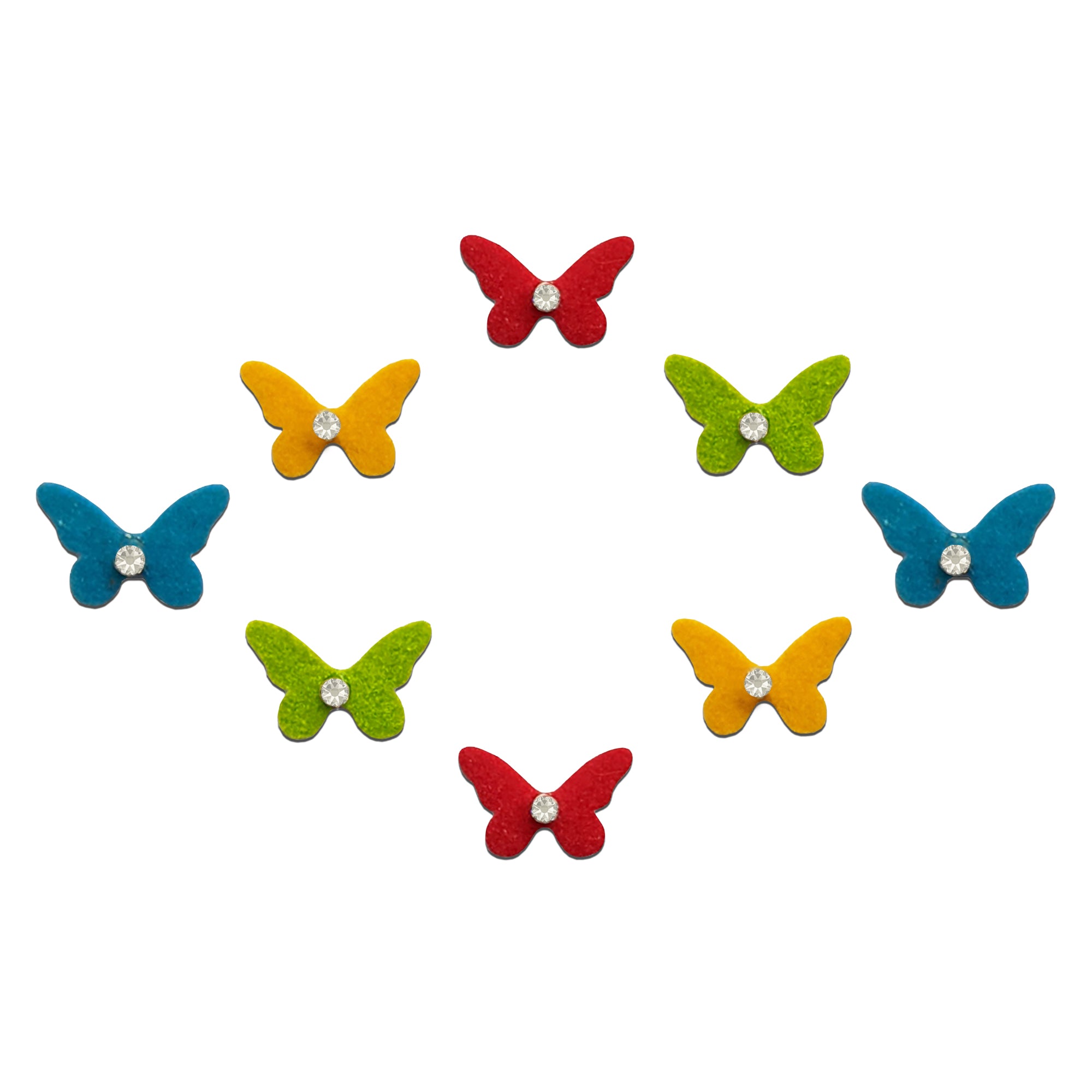 Comet Busters butterfly-shaped velvet bindis featuring sparkling crystal stone detailing  Multicolor shades, perfect for trendy, festive, and ethnic fashion looks for women and girls.