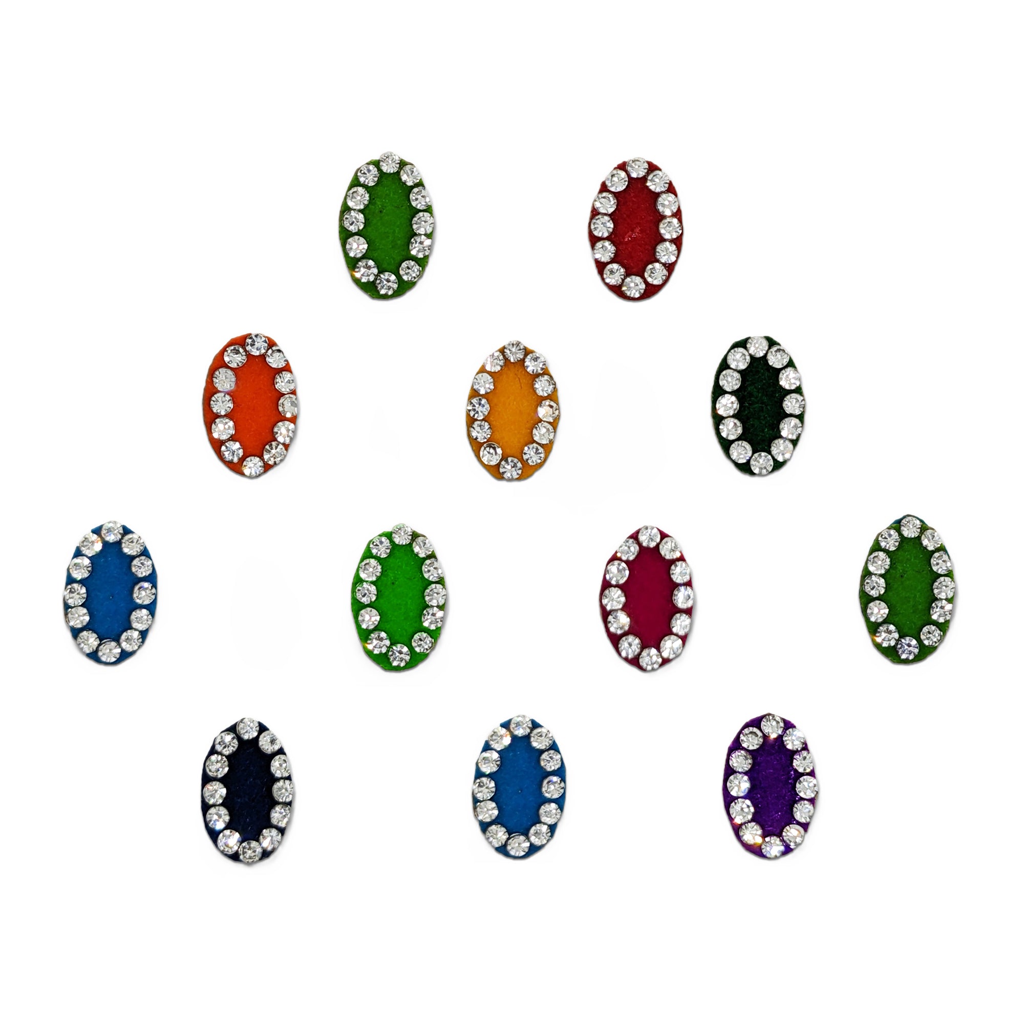 Comet Busters multicolor velvet Oval bindis featuring sparkling crystal stone accents for festive, traditional, and party wear.