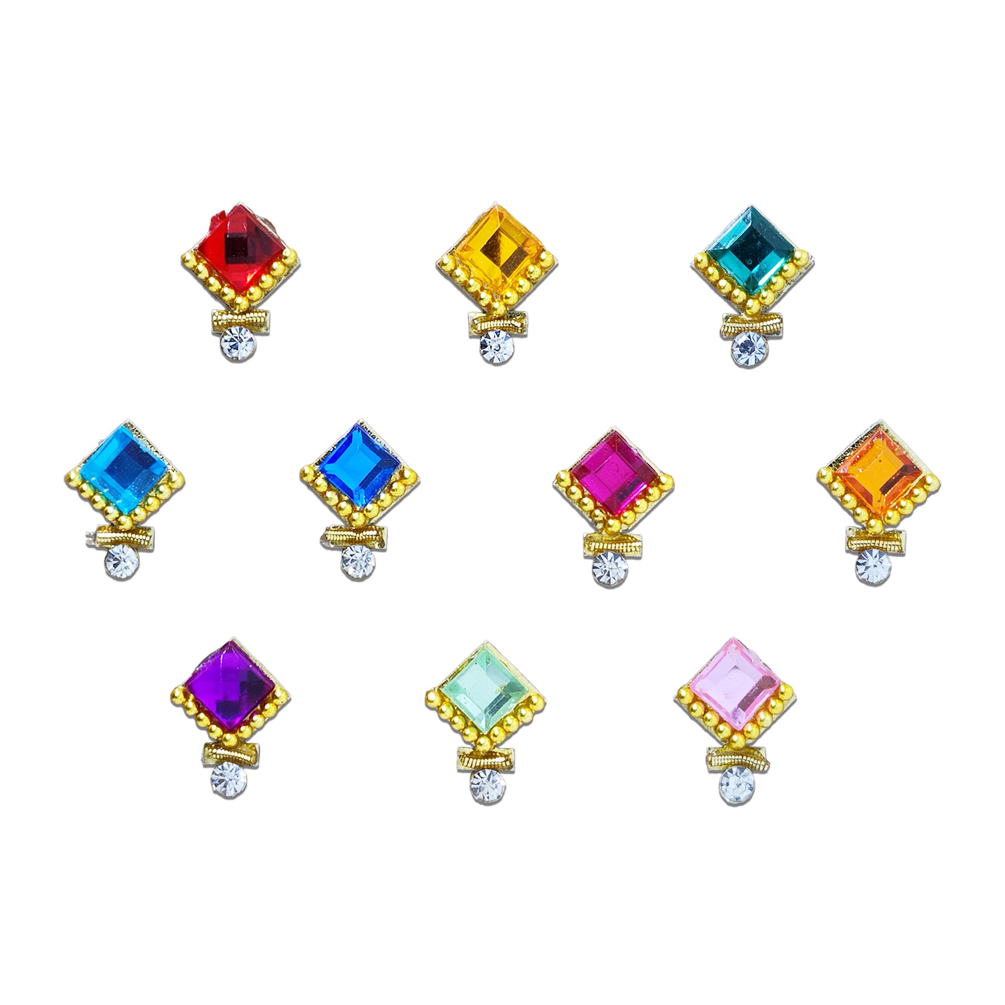 Comet Busters Multicolor Diamond Shape Crystal Bindis with Gold Bead Border and Crystal Stone Drop, Designer Traditional Bindi Set for Women & Girls, Festive and Ethnic Wear Forehead Stickers