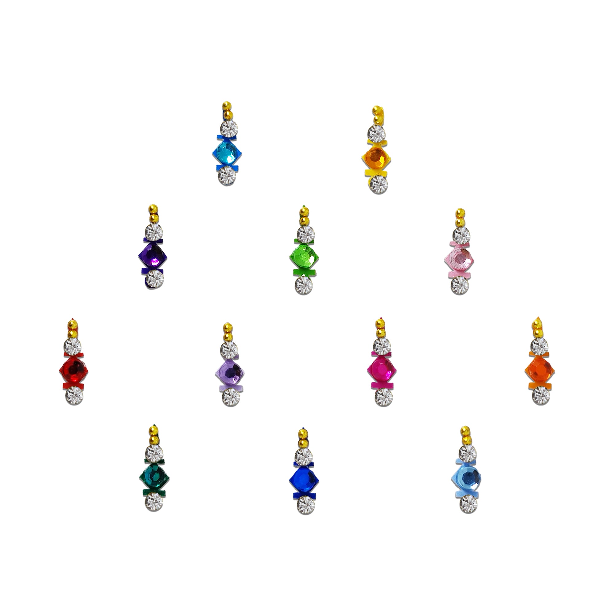 Comet Busters multicolor crystal diamond bindi with white stones and gold bead accents, designer forehead sticker for women, ideal for weddings, festivals, Navratri, puja, cultural events, classical dance performances, and traditional Indian outfits.
