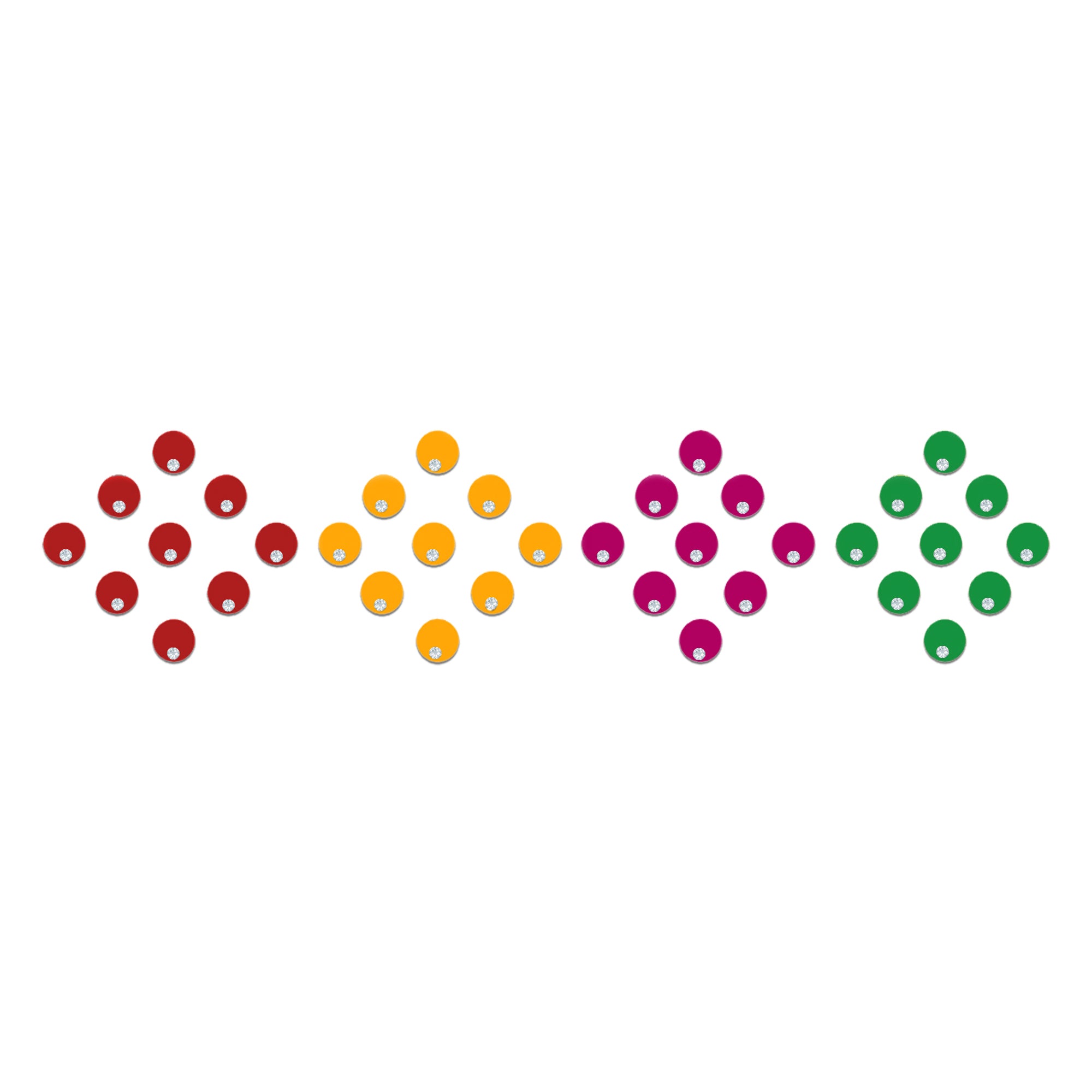 Comet Busters Multicolor Crystal Dot Velvet Bindi Collection featuring round velvet bindis in red, yellow, magenta, and green shades accented with sparkling crystal stones. These self-adhesive designer bindis are lightweight, comfortable, and suitable for women and girls. Perfect for festive celebrations, weddings, Navratri, cultural events, dance performances, temple visits, and everyday ethnic wear