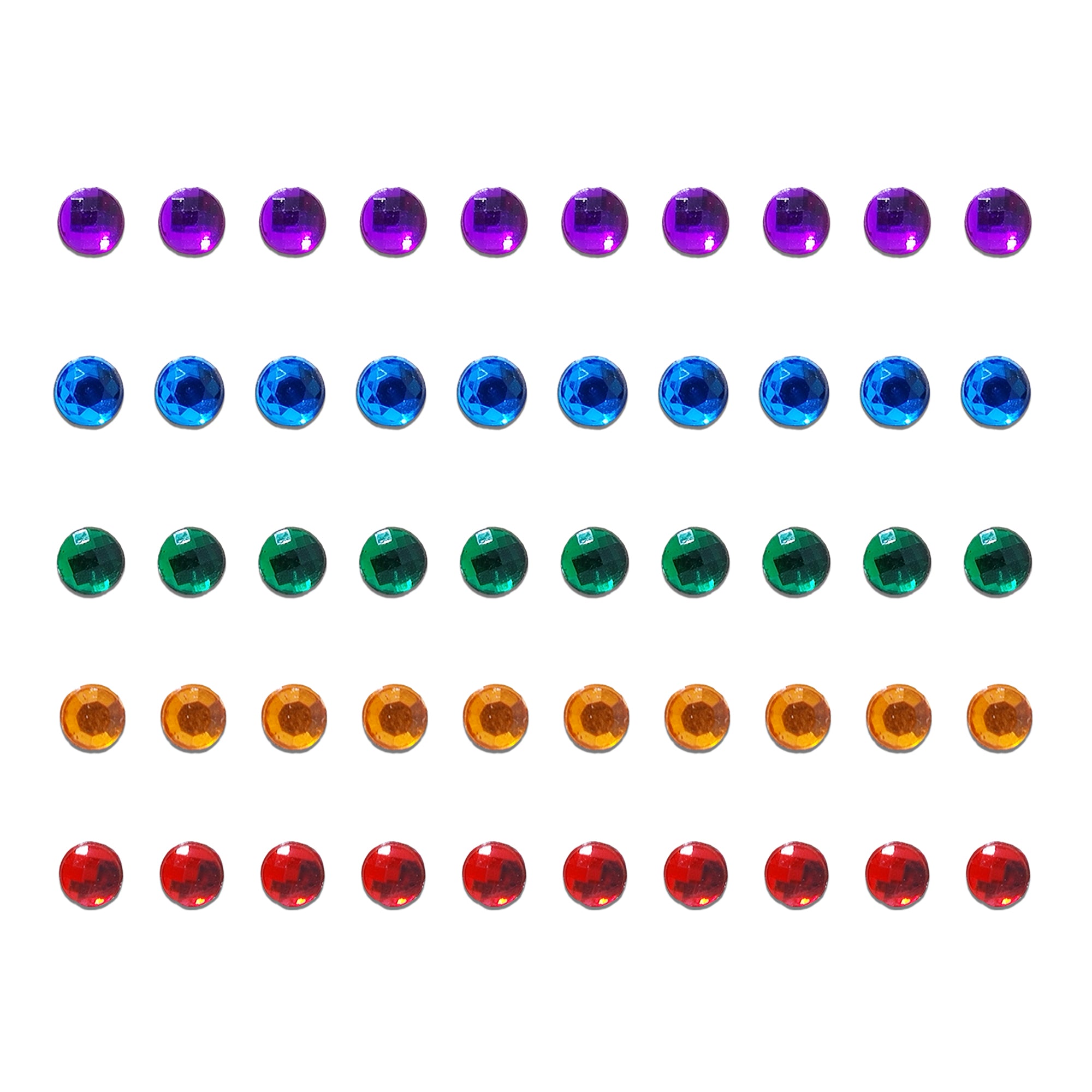 Comet Busters Multicolor Crystal Drop Bindis featuring elegant Round arrangements of sparkling round rhinestones in blue, green, orange, maroon, pink, red, purple, white, and emerald shades. Reusable designer stone bindis for women and girls, perfect for weddings, festivals, parties, classical dance performances, bridal wear, and premium ethnic styling.