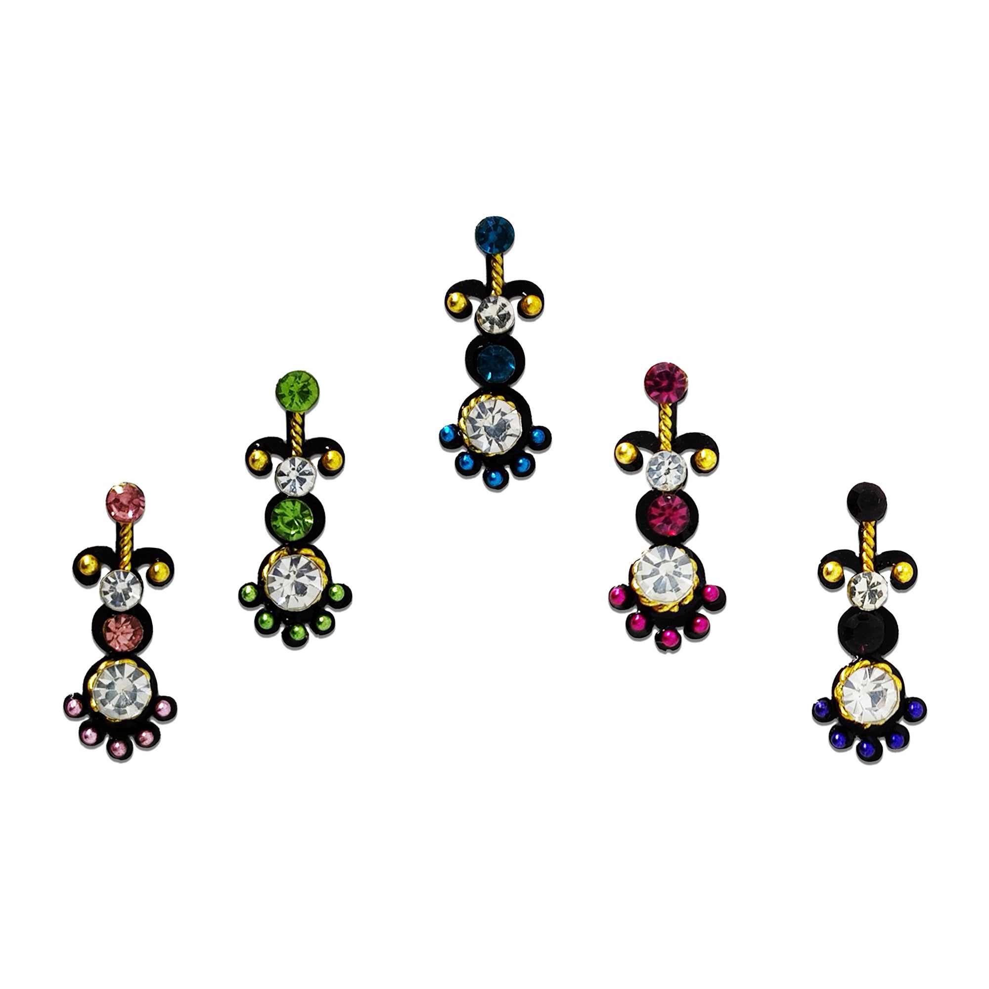 Comet Busters multicolor crystal floral designer bindi set featuring 5 reusable self-adhesive bindis with sparkling rhinestones, black enamel detailing, gold accents, and elegant floral motifs. Perfect for weddings, festivals, Navratri, Diwali, parties, and traditional ethnic wear for women and girls.