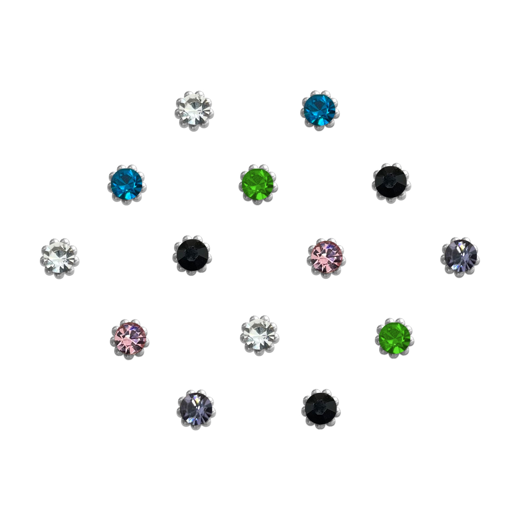 Comet Busters multicolor round crystal bindis featuring sparkling stones in white, blue, green, black, pink, and lavender shades with silver floral edge detailing for festive and ethnic wear.