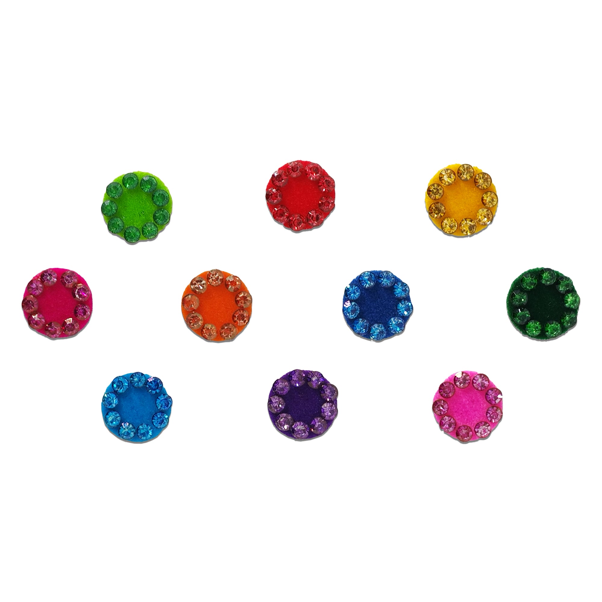 Comet Busters colorful round velvet bindis featuring sparkling crystal stone borders in pink, red, yellow, green, blue, orange and purple shades, ideal for traditional, festive and party wear looks.