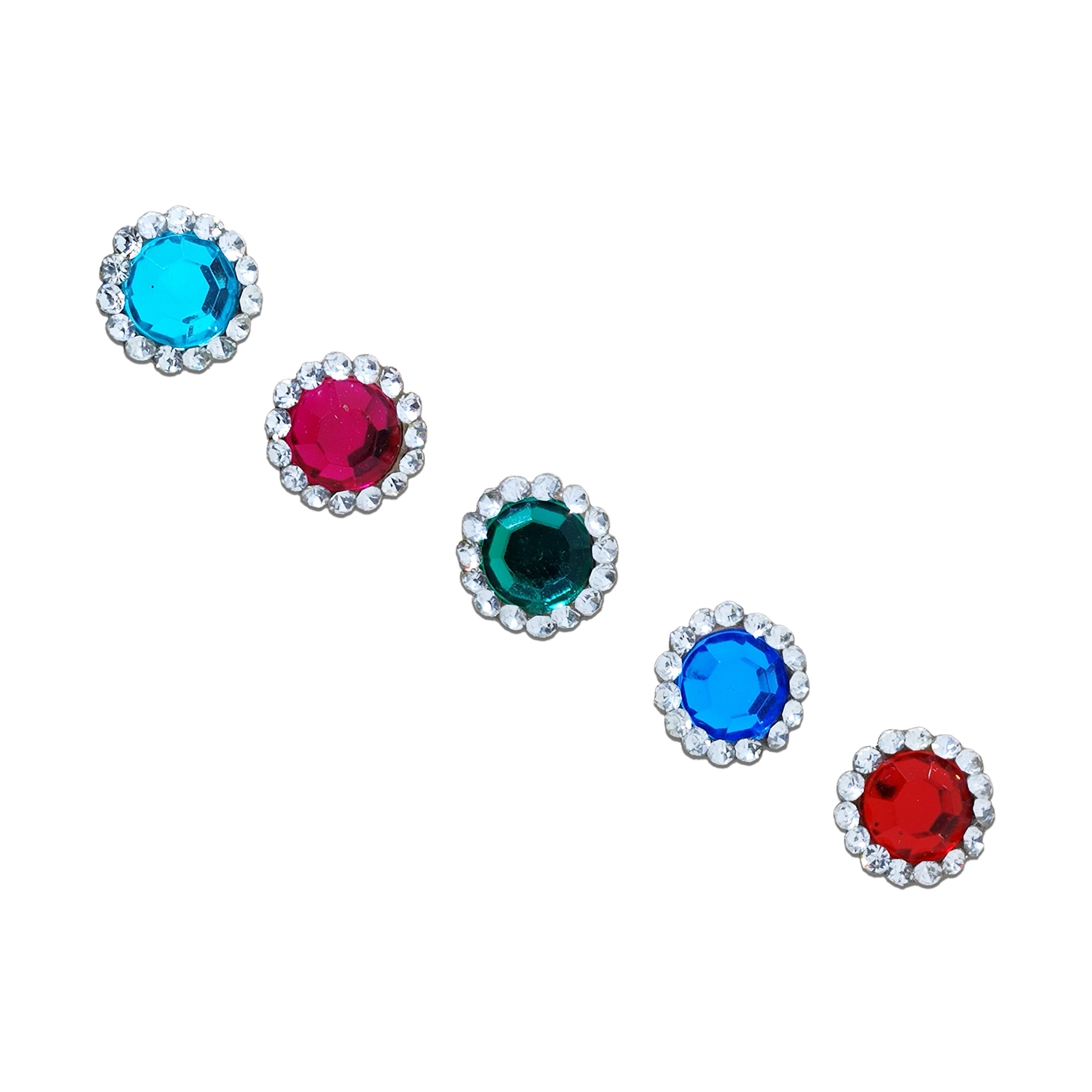 Comet Busters multicolor round crystal halo bindi with turquoise, ruby, emerald and sapphire stones surrounded by white rhinestones for festive, bridal and ethnic wear.
