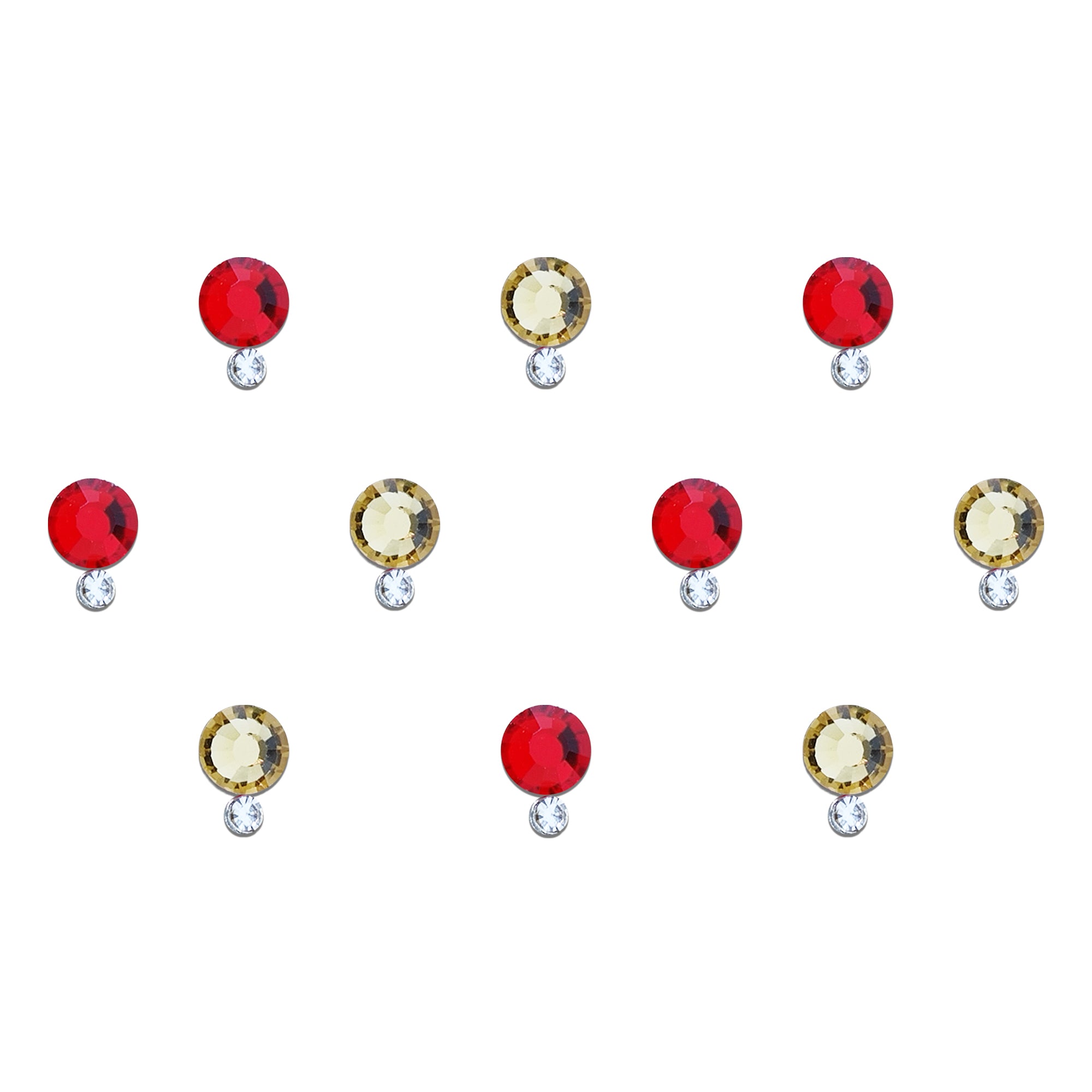 Comet Busters multicolor crystal round designer bindi sheet featuring emerald green and champagne stones in a dual-tone design. Reusable self-adhesive bindis with sparkling crystal accents, perfect for weddings, festive celebrations, Navratri, Diwali, Karwa Chauth, bridal wear, parties, sarees, lehengas, salwar suits, and ethnic outfits.