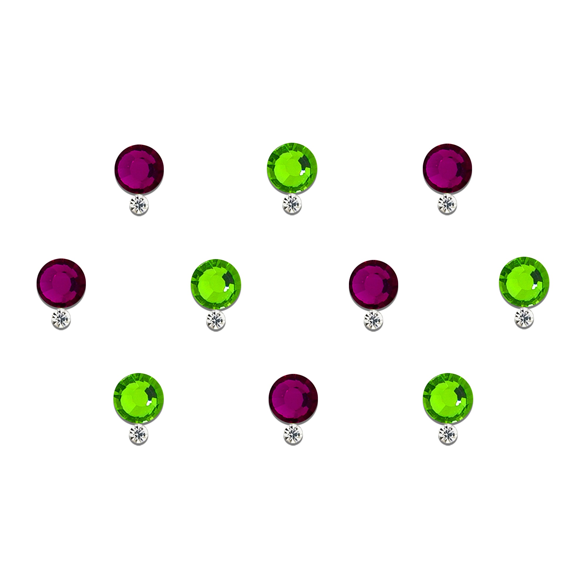 Comet Busters multicolor crystal round designer bindi sheet featuring emerald green and champagne stones in a dual-tone design. Reusable self-adhesive bindis with sparkling crystal accents, perfect for weddings, festive celebrations, Navratri, Diwali, Karwa Chauth, bridal wear, parties, sarees, lehengas, salwar suits, and ethnic outfits.