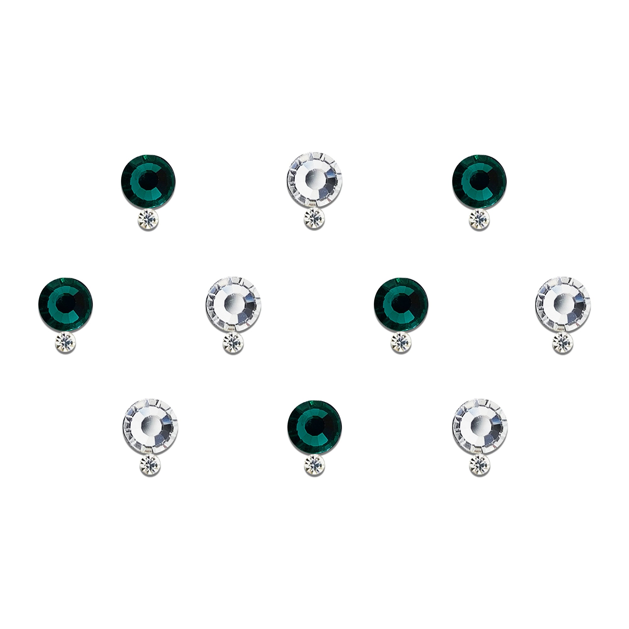 Comet Busters multicolor crystal round designer bindi sheet featuring emerald green and champagne stones in a dual-tone design. Reusable self-adhesive bindis with sparkling crystal accents, perfect for weddings, festive celebrations, Navratri, Diwali, Karwa Chauth, bridal wear, parties, sarees, lehengas, salwar suits, and ethnic outfits.