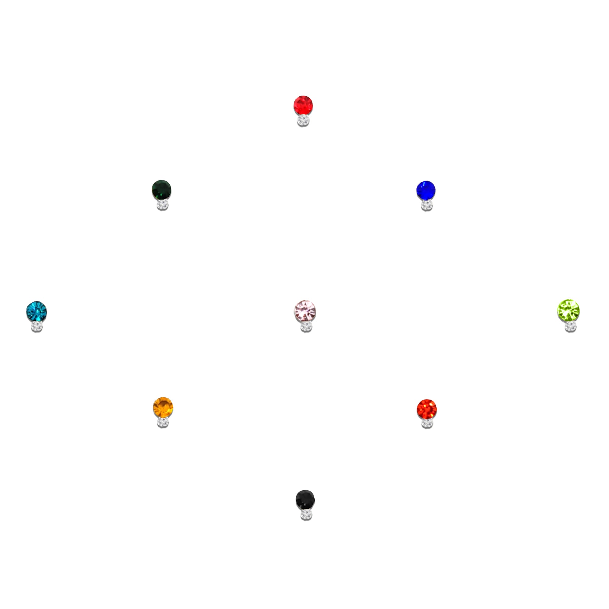Comet Busters multicolor round crystal bindis featuring sparkling faceted stones in assorted shades including red, blue, green, black, pink, orange, and turquoise, each accented with a small clear rhinestone. Ideal for festive celebrations, weddings, parties, and traditional ethnic wear.