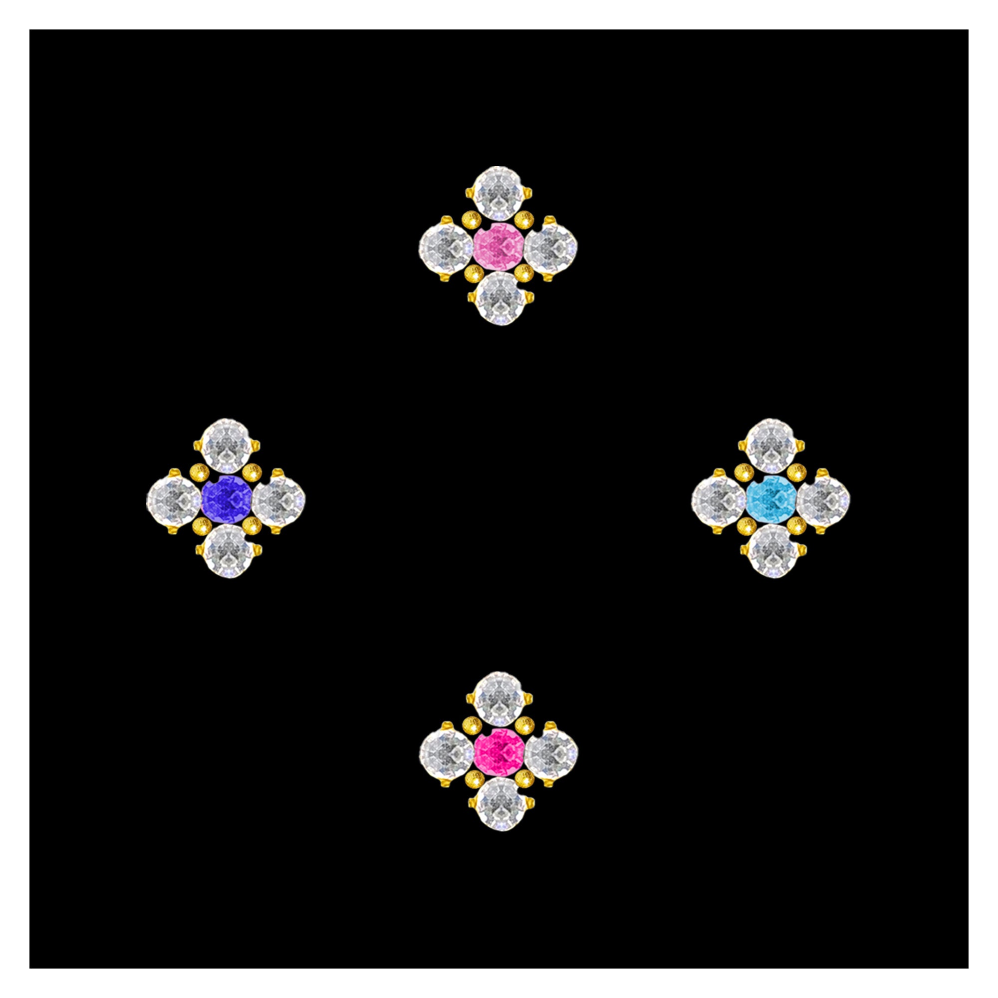 Comet Busters multicolor stick-on nose stud featuring four clear crystals, gold-tone detailing and vibrant pink, purple and blue center stones in a floral cross design