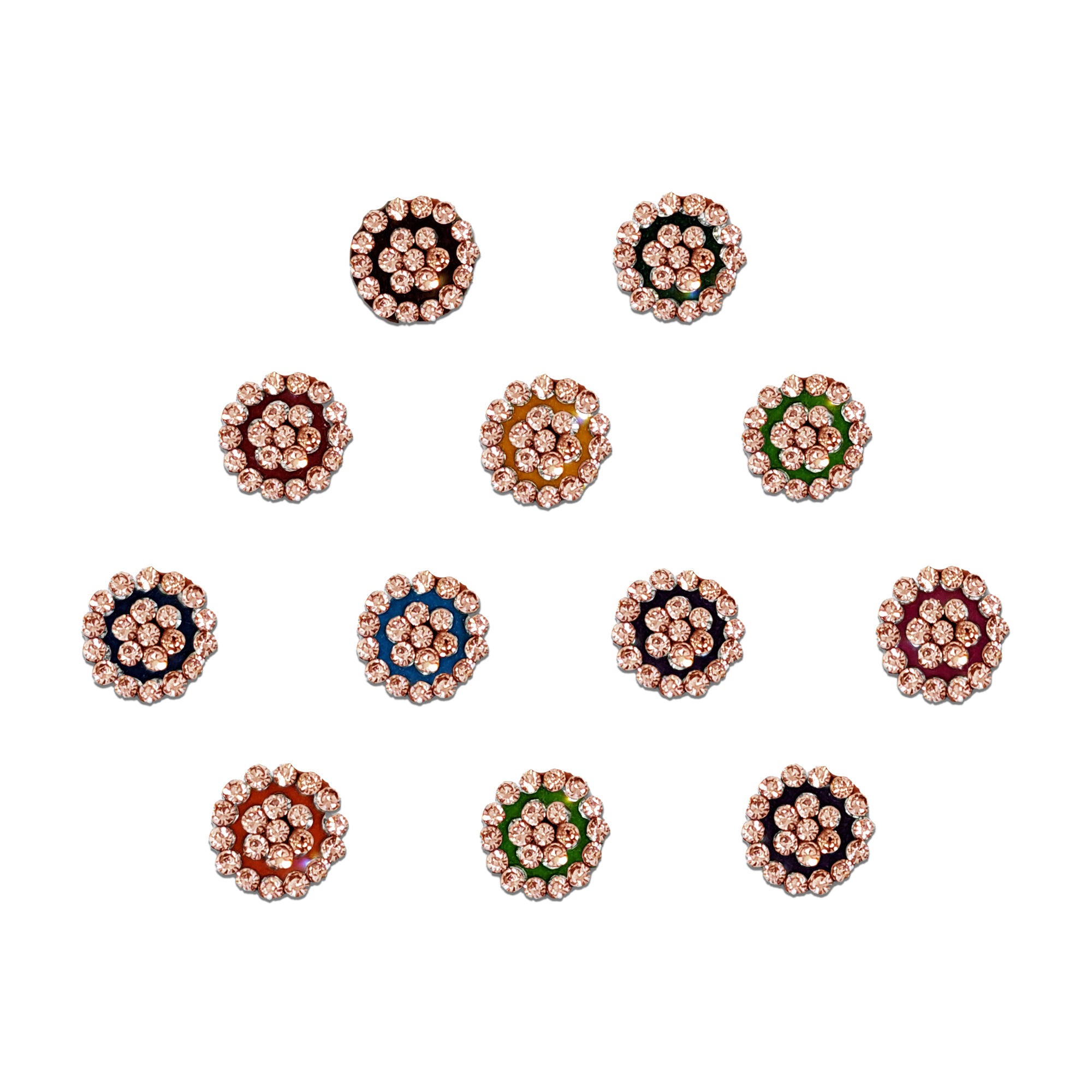 Comet Busters Blue Floral Stone Bindi featuring rose gold crystal rhinestones in a round flower-inspired design with a vibrant blue enamel background, perfect for festive, bridal, and party wear looks.