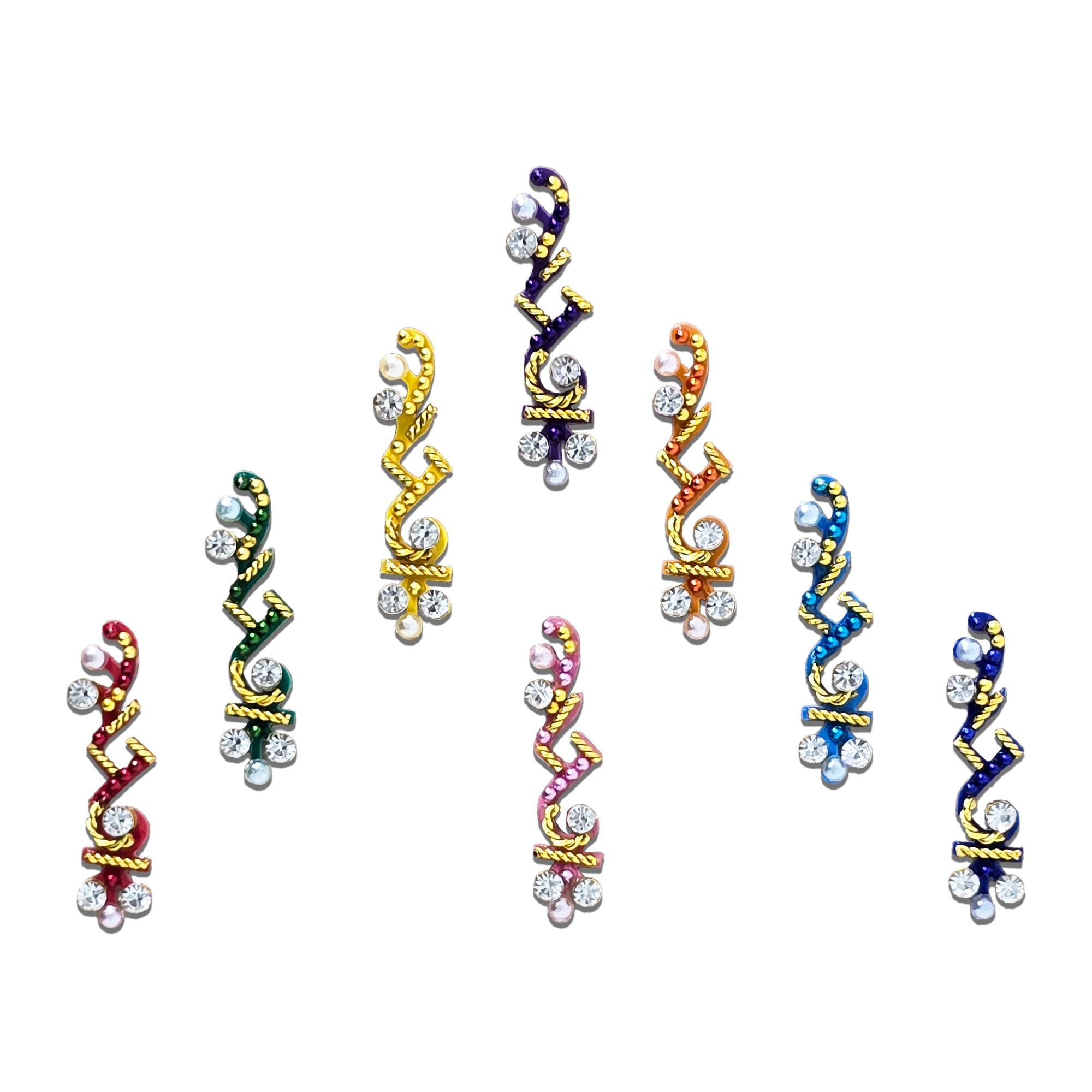 Comet Busters Royal Twisted Crystal Vine Designer Bindi featuring elegant multicolor enamel swirl detailing with sparkling clear rhinestones, pearl accents, and gold-tone highlights. Self-adhesive reusable long designer bindis for women and girls, ideal for weddings, bridal wear, festivals, Navratri, Diwali, parties, classical dance, and traditional ethnic outfits.