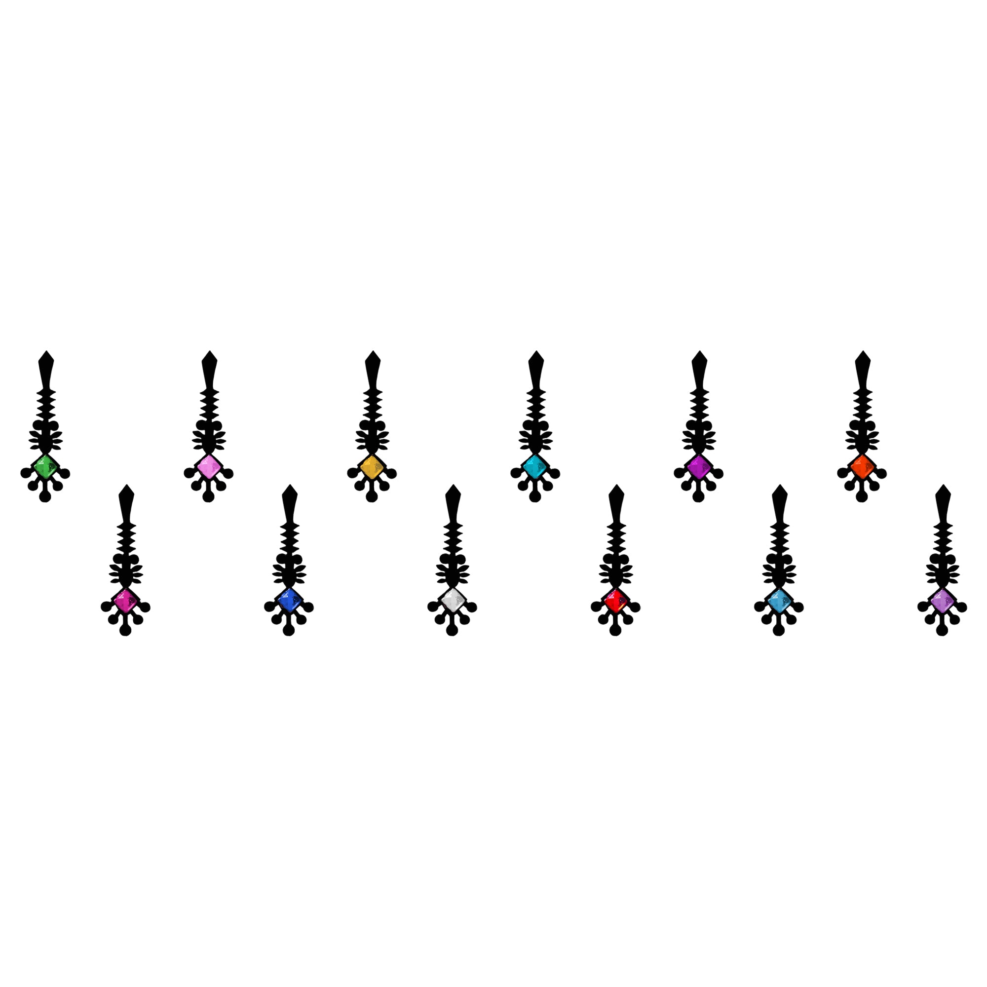 Comet Busters multicolor crystal tribal designer bindi featuring elegant black ornamental long stick designs with colorful diamond-shaped stones in green, pink, yellow, turquoise, purple, orange, blue, white, red, sky blue, and lavender. Self-adhesive ethnic bindis ideal for festive wear, weddings, Navratri, Diwali, cultural events, traditional outfits, and everyday styling.