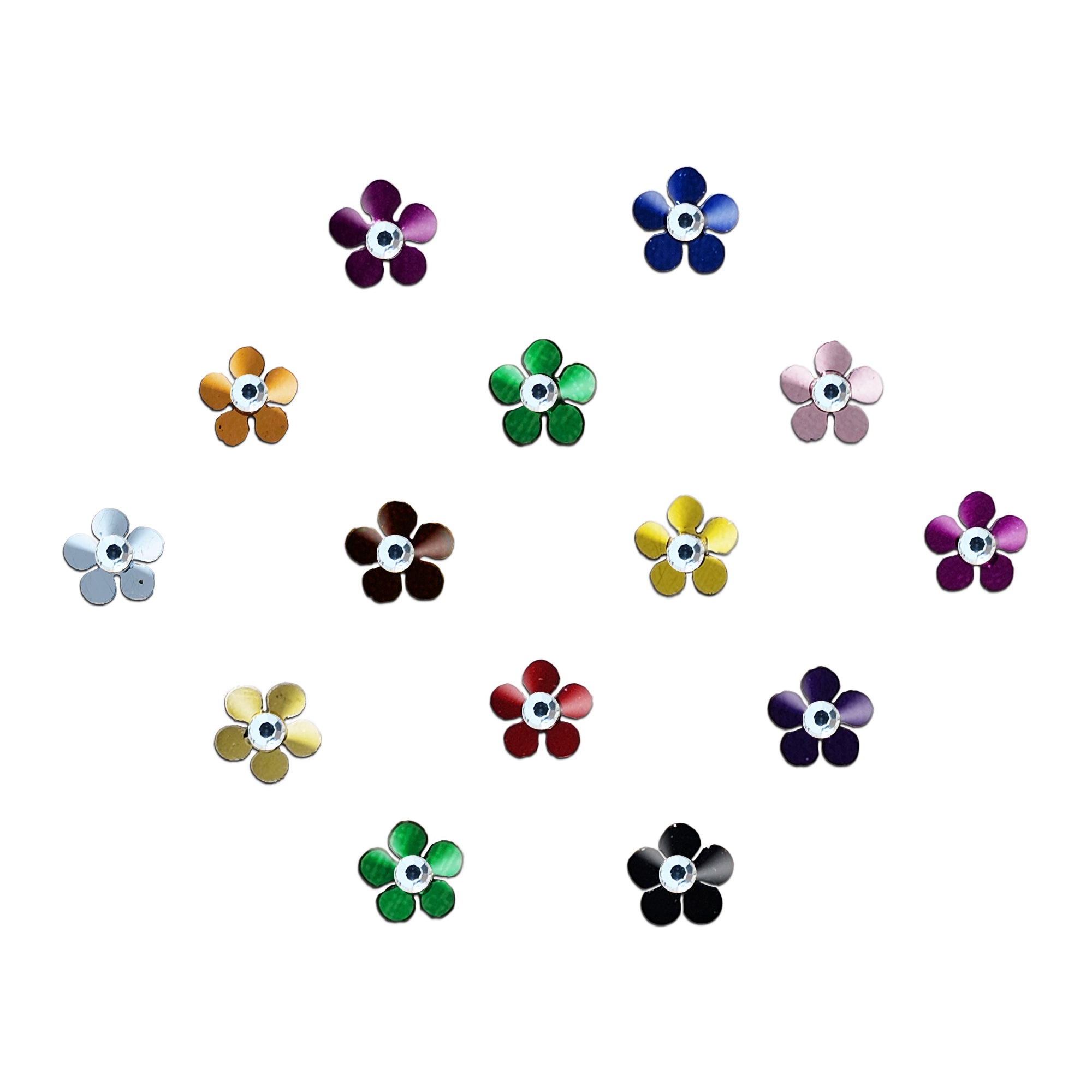 Multicolor floral designer bindi with petal-shaped detailing and sparkling crystal stone center, elegant stick-on forehead accessory for festive and ethnic wear.
