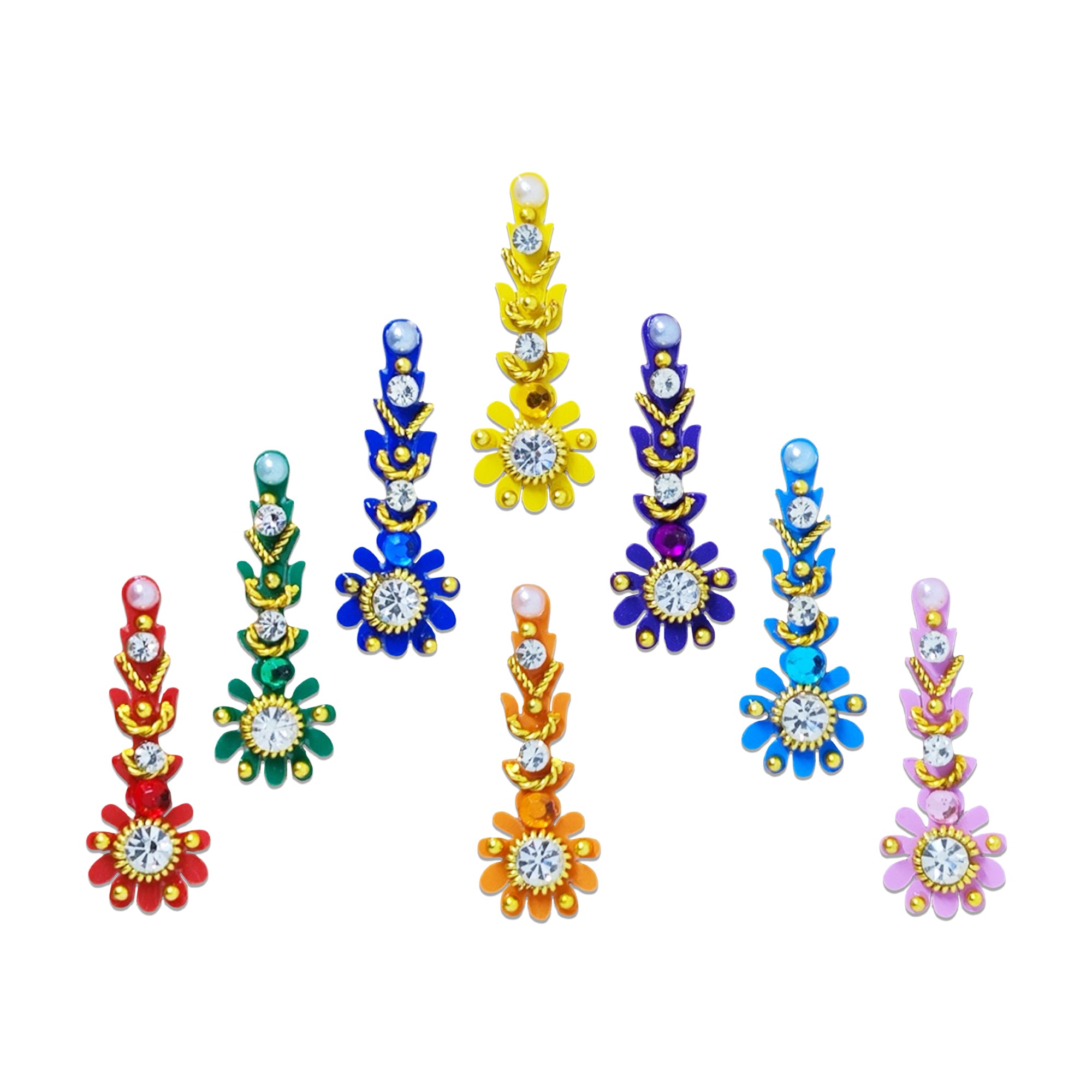 Comet Busters Rainbow Floral Crystal Designer Bindi featuring vibrant red, green, royal blue, yellow, purple, sky blue, orange, and lavender floral motifs with sparkling crystal centers, pearl accents, and antique gold detailing. Self-adhesive designer bindis for women and girls, perfect for weddings, festive celebrations, Navratri, Diwali, Karwa Chauth, temple visits, cultural events, classical dance performances, parties, and traditional or Indo-western ethnic wear.