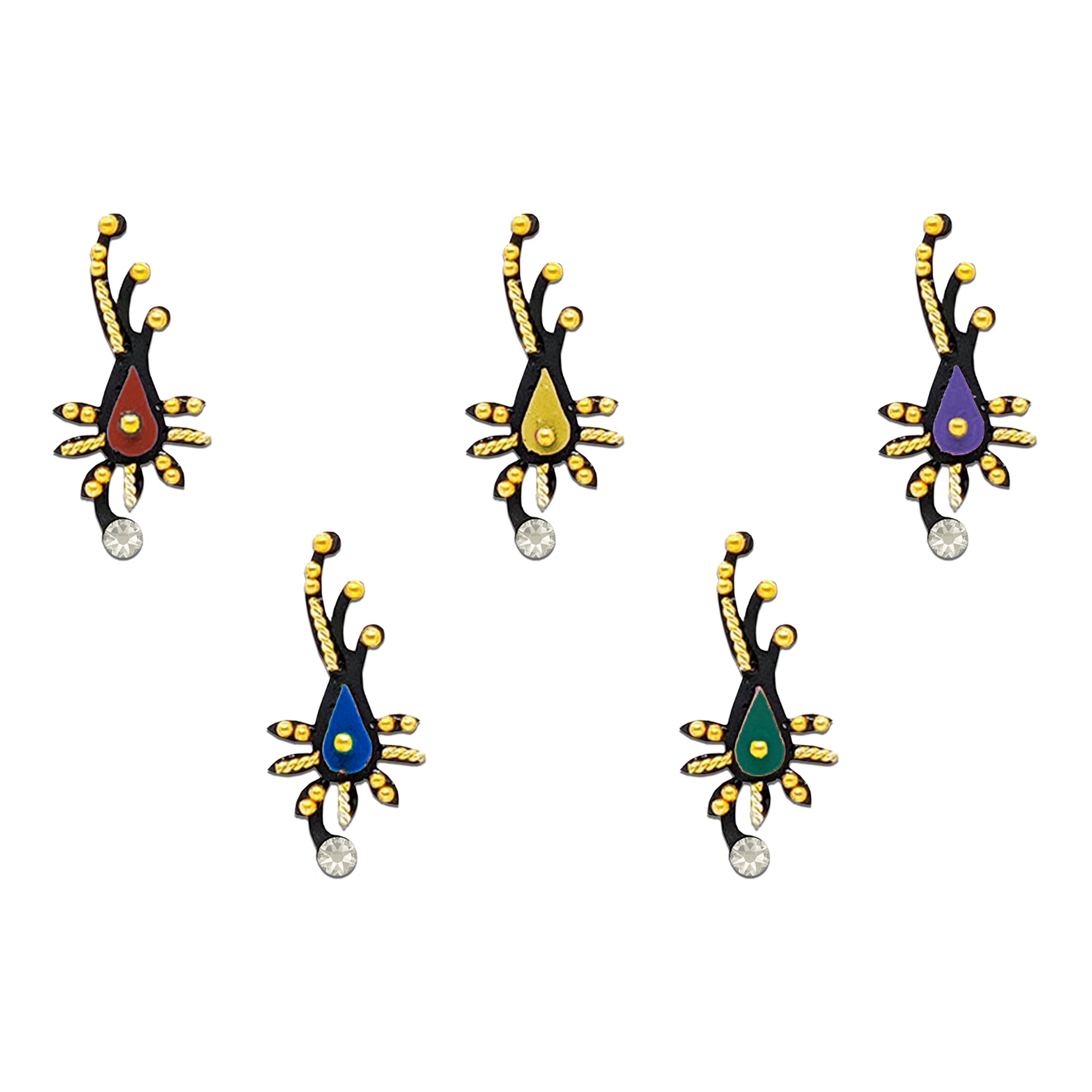 Comet Busters multicolor paisley designer bindis featuring black ornamental patterns with blue, pink, green, peach, and lavender teardrop accents, golden bead detailing, and crystal stone drops for festive and traditional wear.