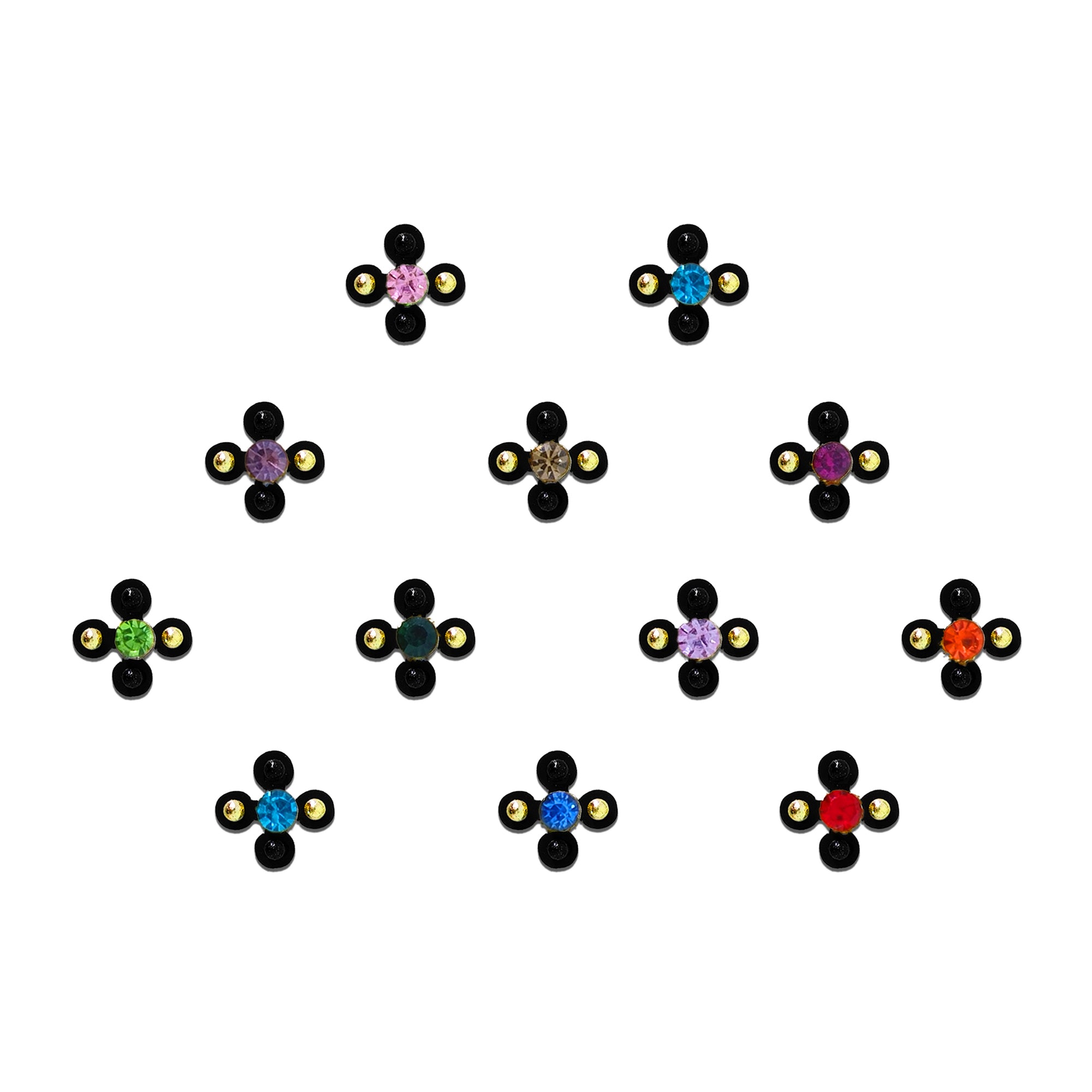 Comet Busters multicolor floral bindi featuring vibrant crystal centers in assorted colors with black petal accents and gold bead detailing.