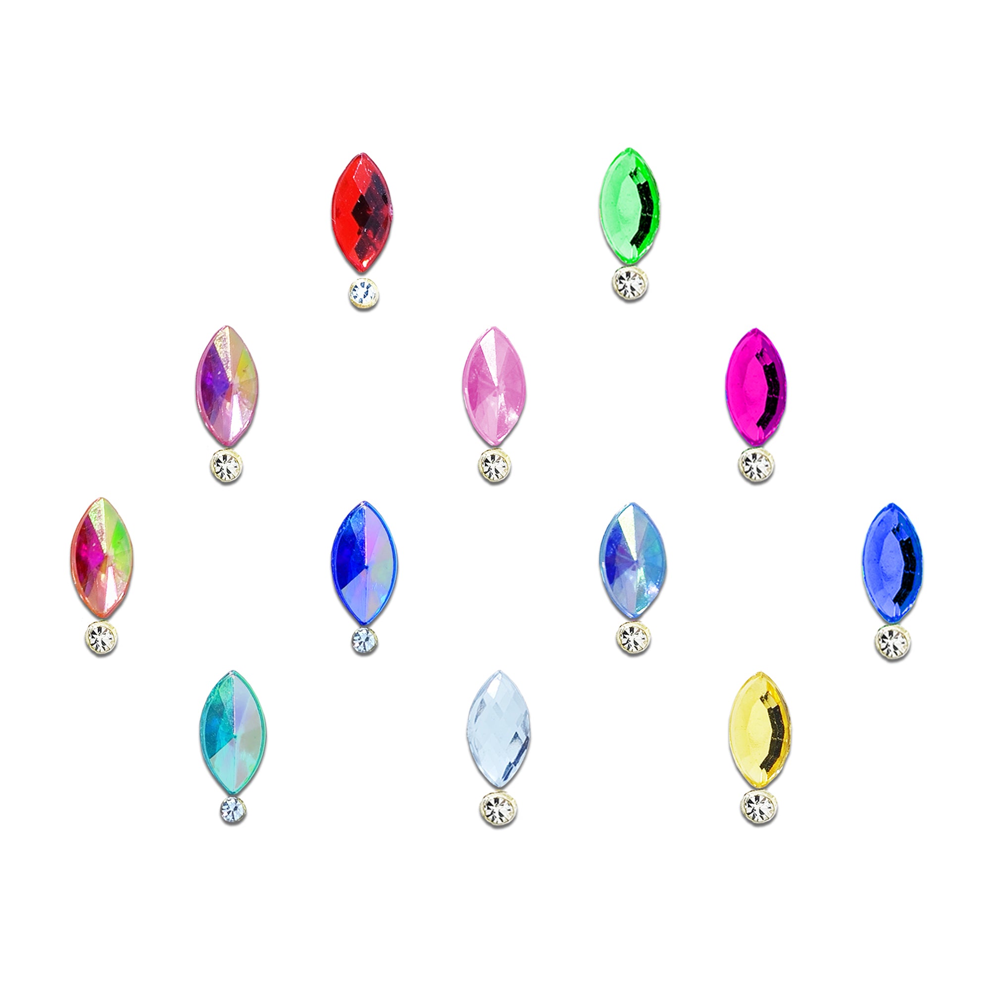 Comet Busters multicolor navette-shaped crystal bindi featuring vibrant jewel-tone acrylic stones with a sparkling round rhinestone accent. Elegant designer bindis for women and girls, ideal for festivals, weddings, Navratri, Diwali, traditional wear, dance performances, and party occasions.