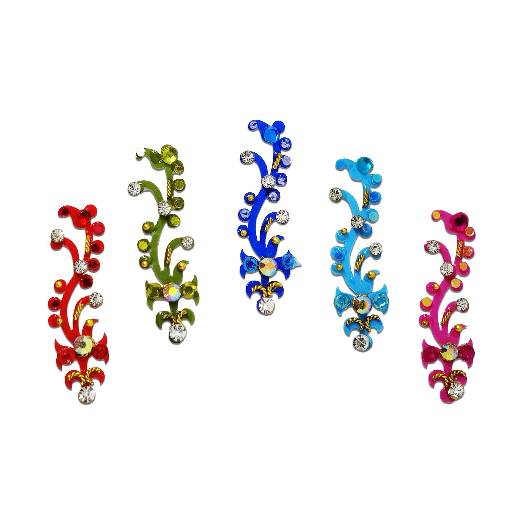 Comet Busters royal sapphire floral vine designer bindi featuring an elegant curved vine design with sparkling crystal stones, pearl accents, gold detailing, and a floral crystal base. Self-adhesive premium fashion bindi for women and girls, perfect for weddings, bridal makeup, Navratri, Diwali, Karwa Chauth, festive celebrations, traditional ceremonies, classical dance performances, parties, and ethnic wear.
