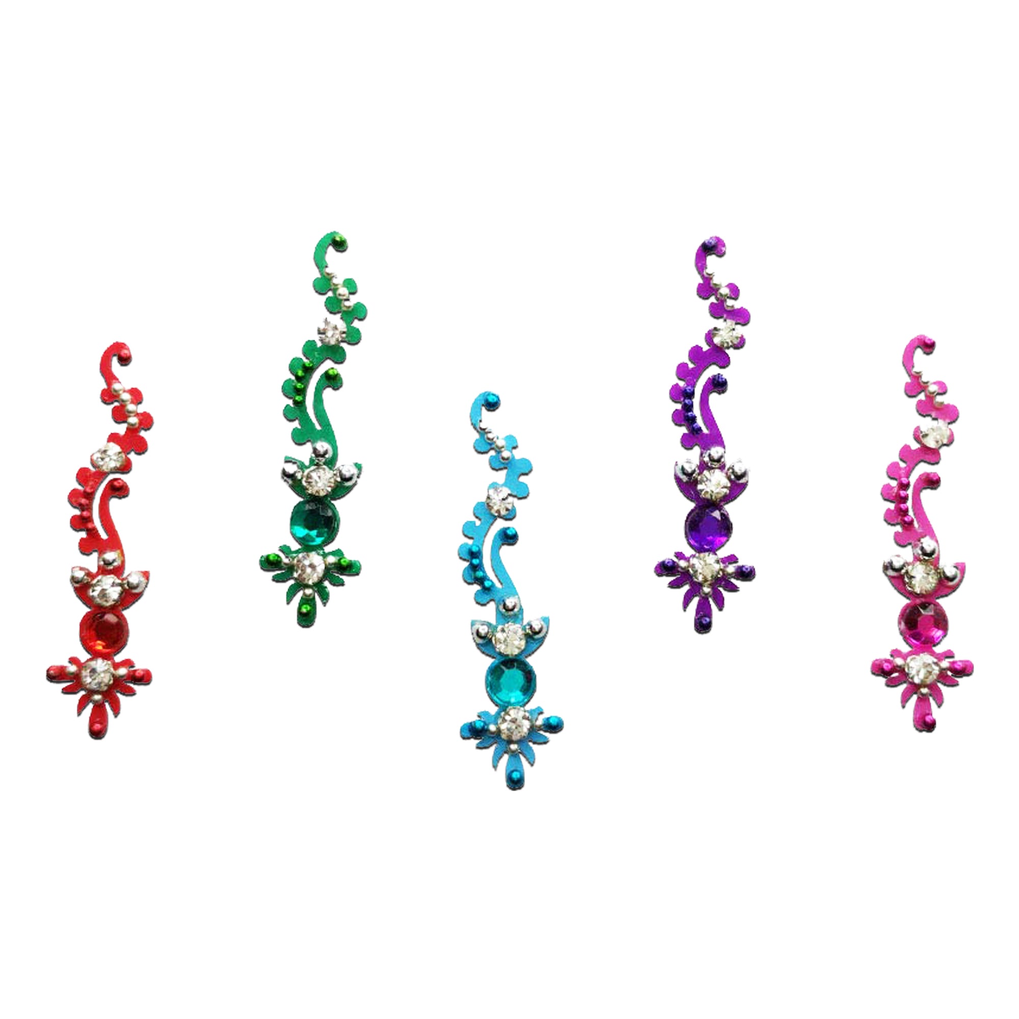 Comet Busters  Crystal Designer Bindi Collection featuring multicolor self-adhesive bindis with elegant peacock-inspired vine motifs, sparkling white crystals, and metallic detailing. Perfect for women and girls to complement sarees, lehengas, salwar suits, festive celebrations, weddings, Navratri, Diwali, dance performances, and traditional Indian occasions.
