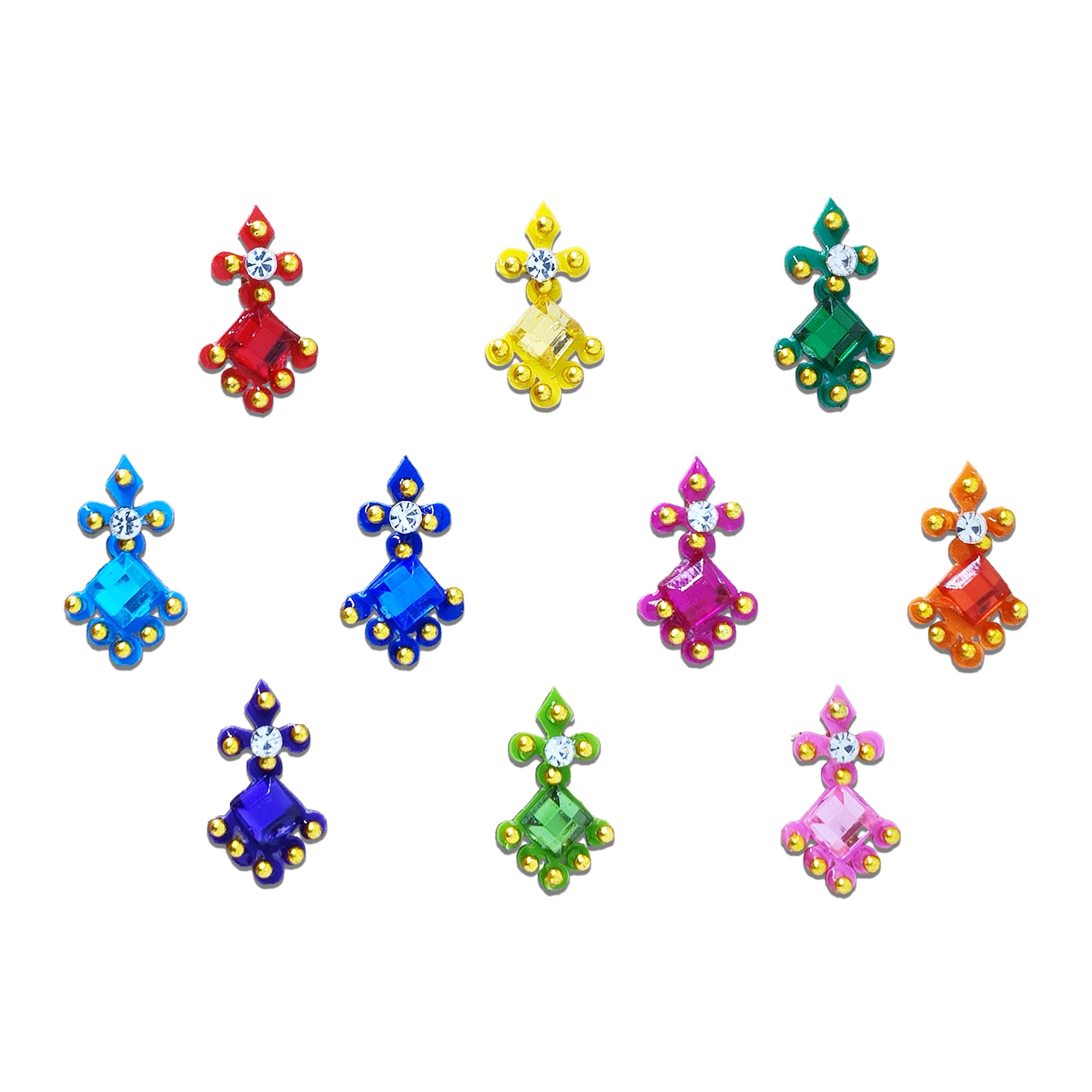 Comet Busters multicolor designer stone bindi sheet featuring crystal bindis with gold bead detailing, reusable festive forehead stickers for women and girls, ideal for weddings, festivals, and ethnic wear.