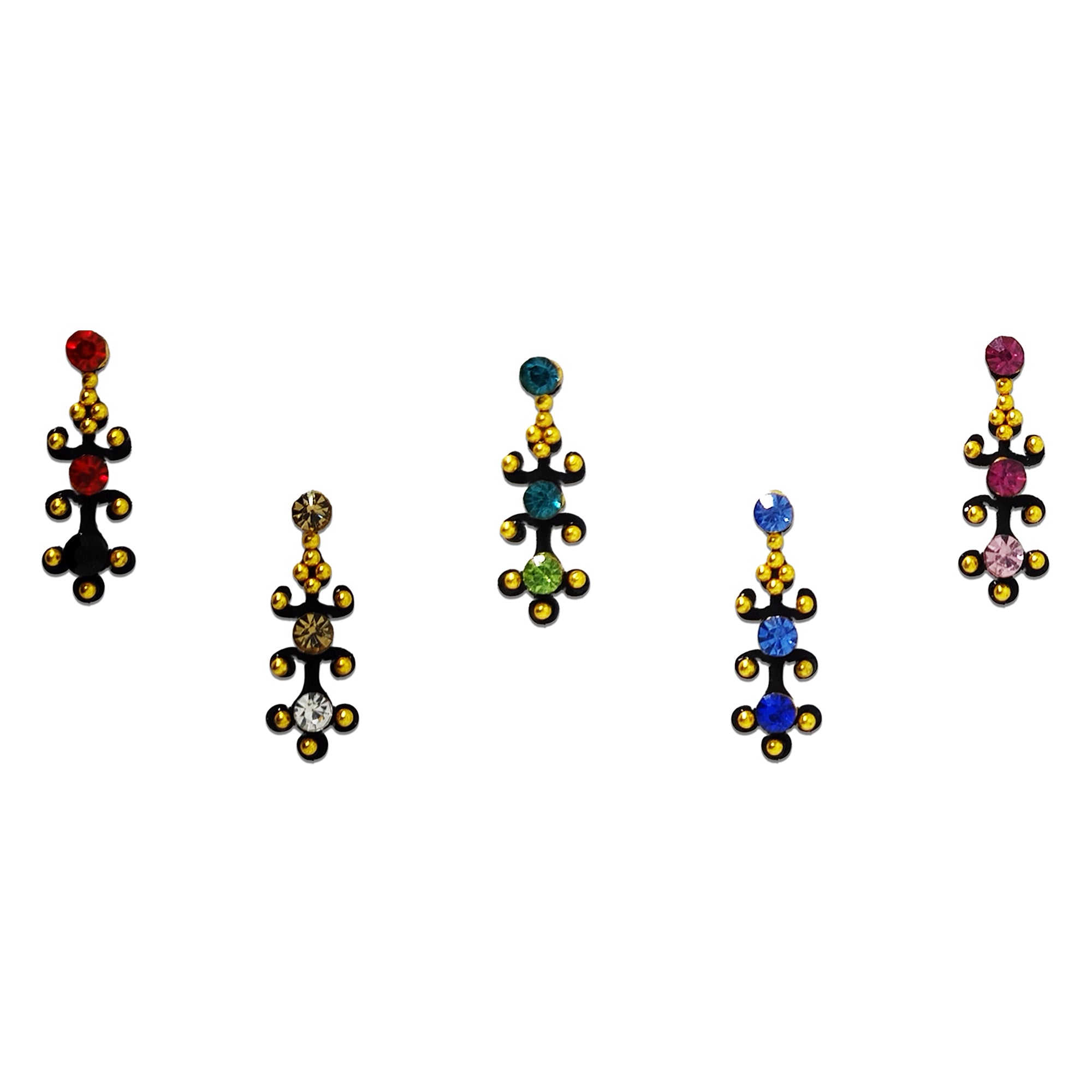 Comet Busters multicolor stone designer bindi sheet featuring reusable self-adhesive bindis with vibrant red, yellow, green, blue, purple, pink, orange, and turquoise teardrop stones, sparkling crystal accents, and gold bead detailing. Premium festive bindis for women and girls, perfect for weddings, Navratri, Diwali, pooja, parties, and traditional ethnic wear.